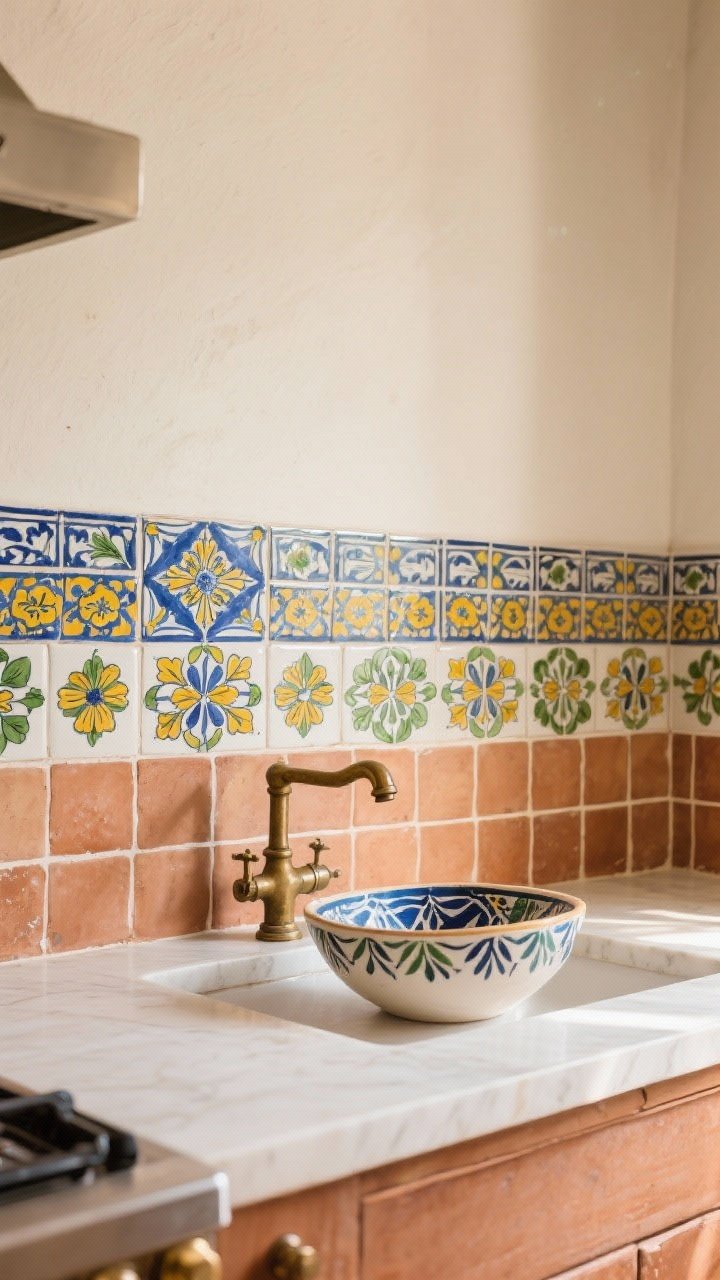 Medium kitchen vignette, straight-on: a balanced Talavera tile backsplash concentrated behind a Mexican vessel sink, featuring hand-painted blues, yellows, and greens in floral and geometric motifs; surrounding field tiles in plain cream and terracotta to let patterns breathe; limited palette of 2–3 colors, aged brass faucet, warm natural light, uncluttered counters for emphasis on the tiles.