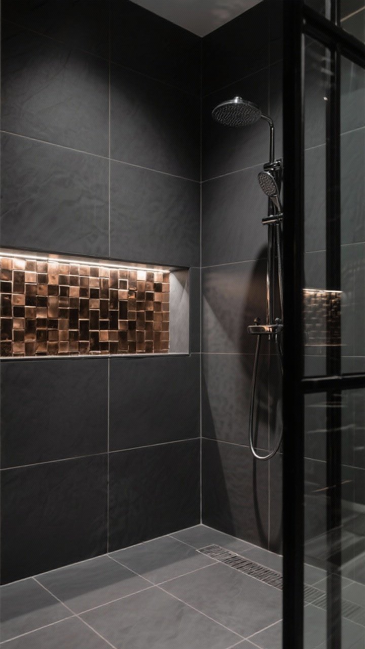 Medium moody shower scene: charcoal 24x48 porcelain tiles on walls and floor with thin, perfectly aligned grout lines; niche lined with a brushed bronze mixed-metal mosaic that catches the light; dimmable LED strip subtly illuminating the niche and creating reflections on metallic pieces; sleek black-framed glass, hotel-lobby drama