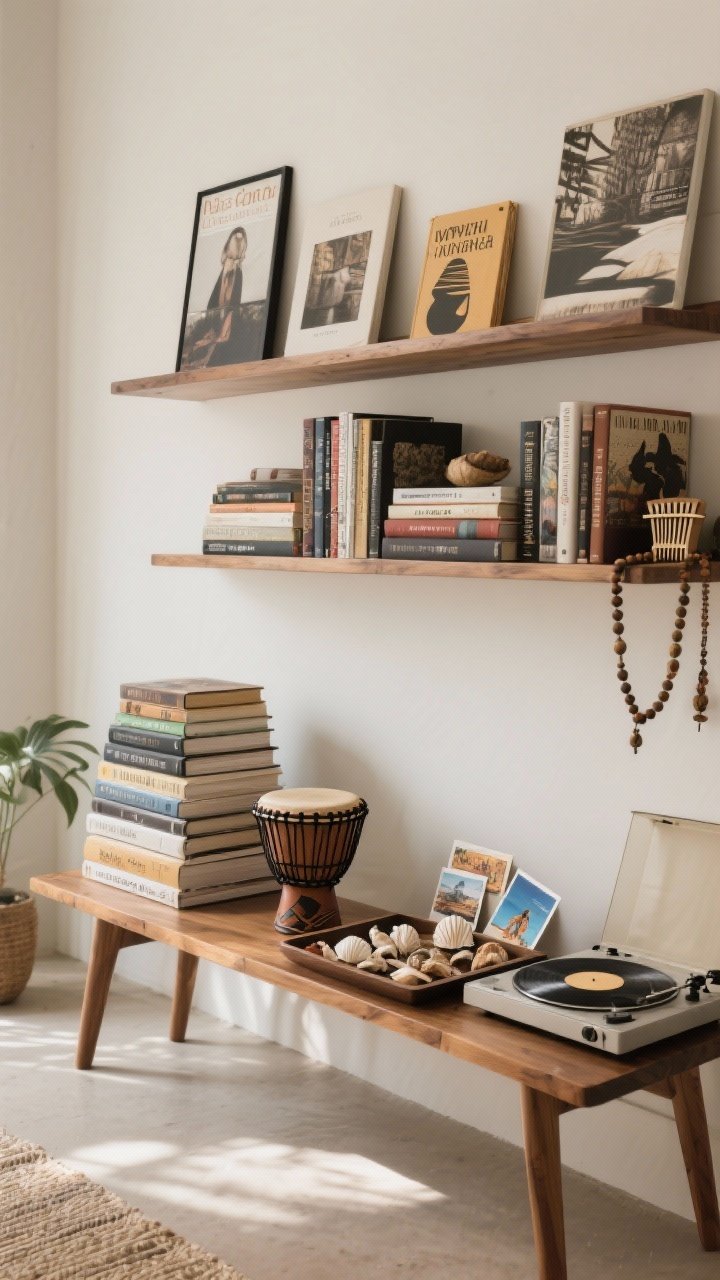Medium shelf/console shot: Personal symbols and meaningful layers—stacked books of African literature, photography, and design on a bench; a djembe and a small kalimba beside a compact vinyl setup; a memory tray with shells, postcards, and travel finds; styled to feel evolving and lived-in; soft natural light with gentle highlights on wood and beads, photorealistic.