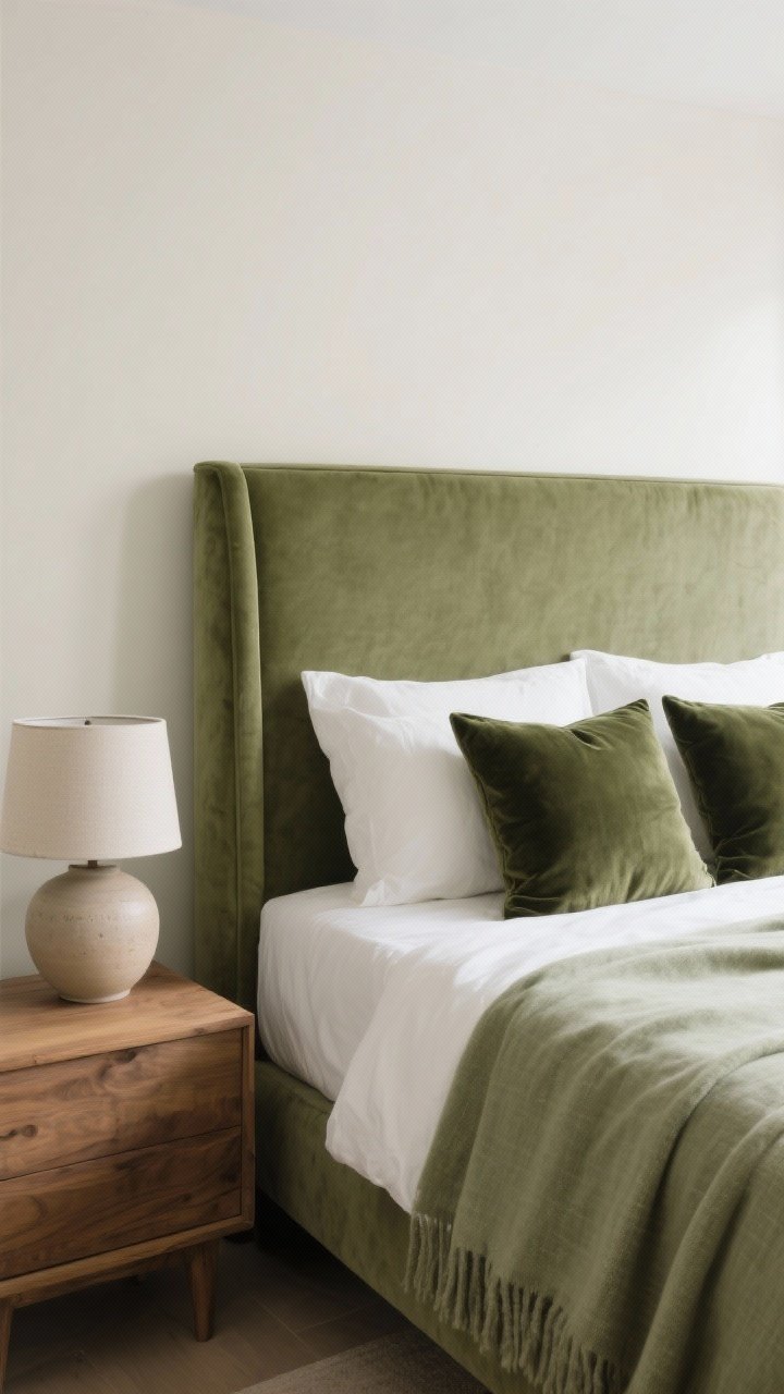 Medium shot: A bed as the focal point with a sage upholstered headboard, linen sage duvet, a lighter sage throw draped at the foot, and darker moss velvet pillows for depth. Crisp white sheets peek out. Beside the bed, a natural wood nightstand holds a simple ceramic lamp. Soft morning light adds a luxe yet quiet feel, emphasizing the tonal sage layers and texture mix.