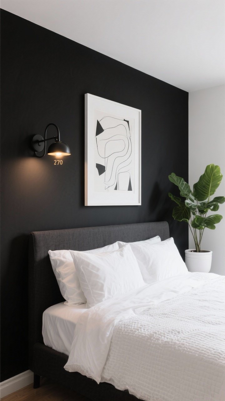 Medium shot: A bedroom headboard wall painted matte black behind a bed with crisp white sheets and a textured white duvet. A large white-framed abstract artwork hangs over the headboard, and a single black metal wall sconce with warm 2700K light punctuates the wall. A leafy green plant in a white pot sits nearby, popping against the black backdrop while the rest of the room stays light and balanced.