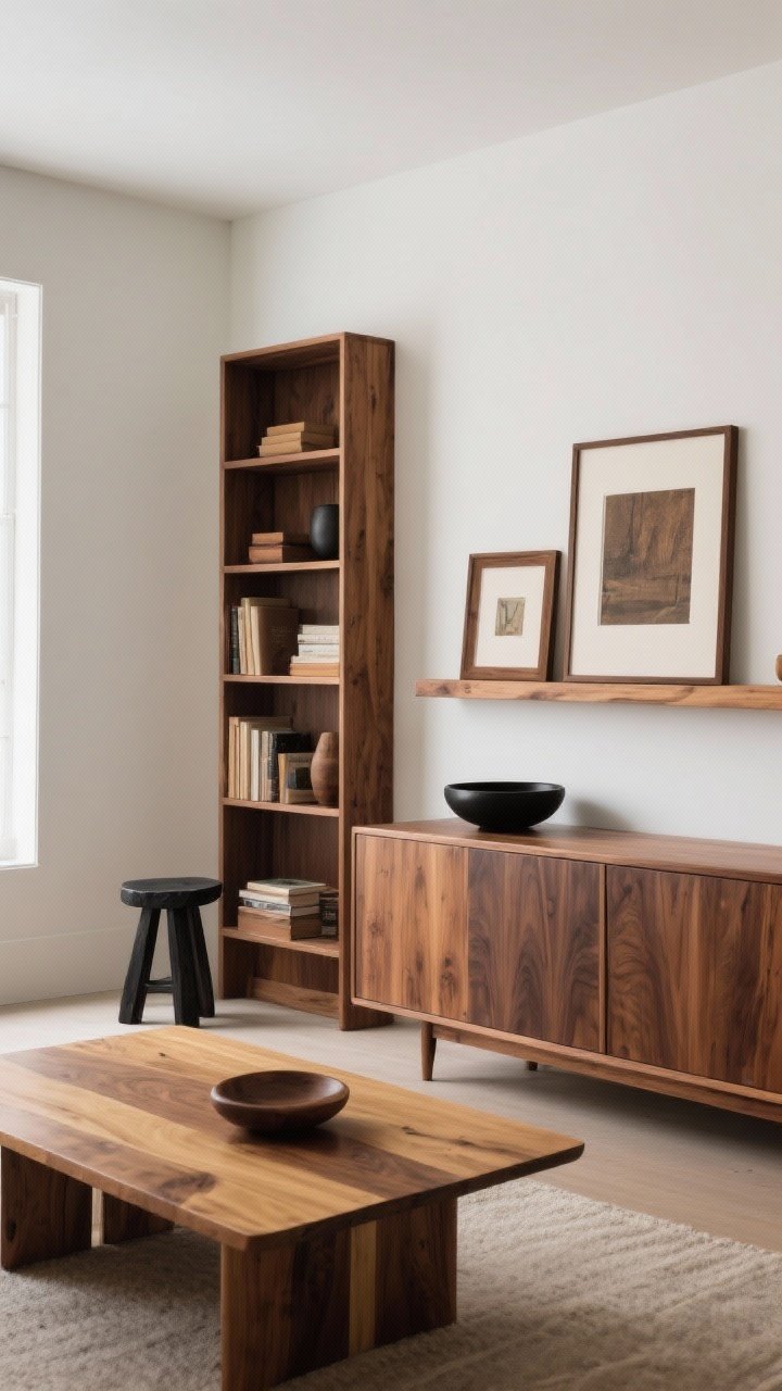 Medium shot: A composition showcasing mixed woods done intentionally—warm walnut coffee table, blonde oak bookshelf, and a blackened wood accent stool. Repeat each tone in smaller accessories: walnut-framed art, oak picture ledge, blackened wood bowl. Balance matte and polished finishes, with a substantial vintage medium-tone credenza grounding the scene. Natural light from the left, straight-on angle to emphasize harmony.