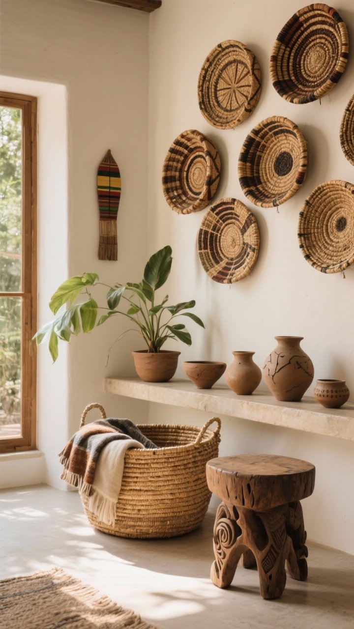 Medium shot: A curated corner celebrating handcrafted pieces—cluster of handwoven Ghanaian baskets on the wall, an oversized floor basket holding throws and a plant, a carved, chunky Senegalese stool doubling as a side table, and imperfect hand-thrown pottery with organic shapes on a low shelf; warm afternoon light highlighting natural variations and tool marks, photorealistic.