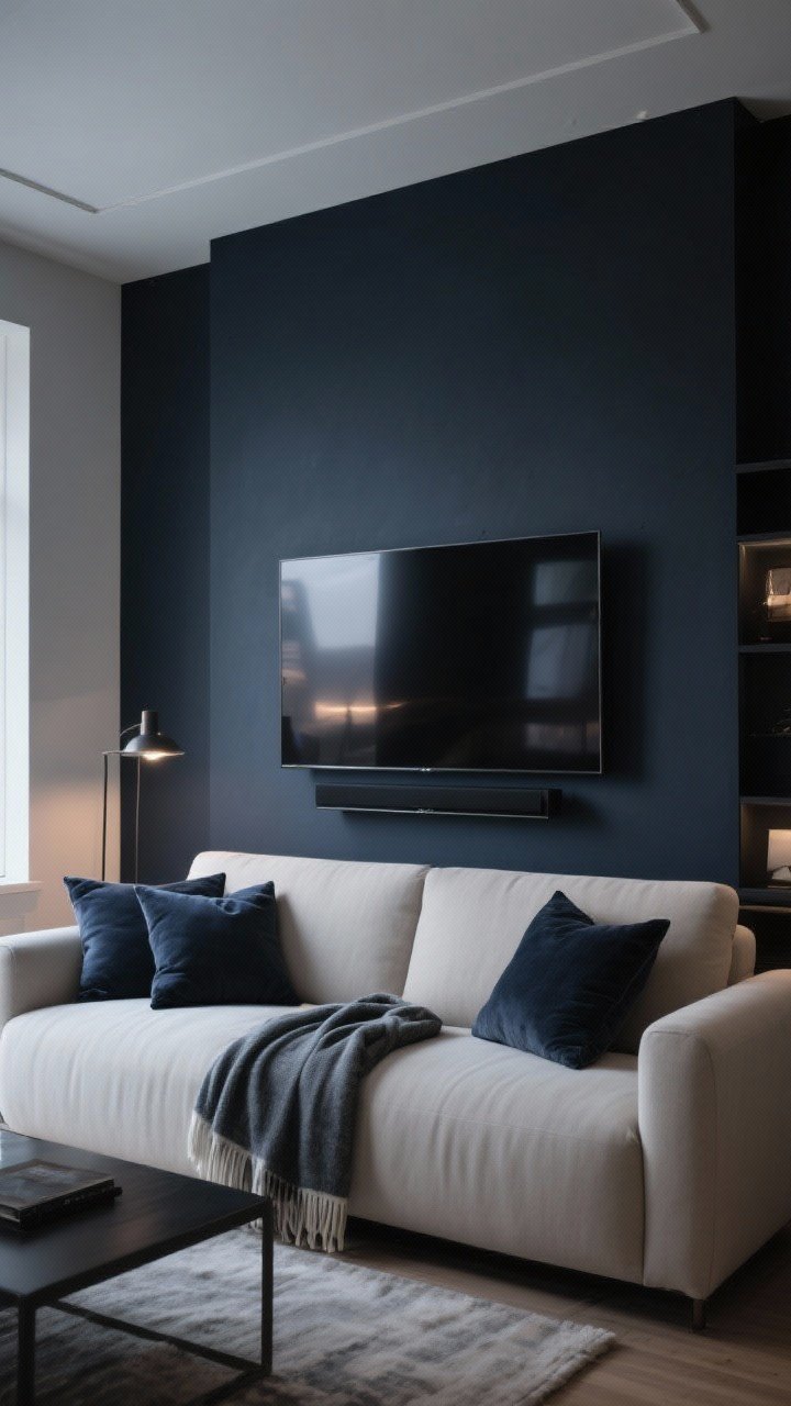 Medium shot: A dramatic dark, matte accent wall (charcoal or inky navy) behind the TV, creating depth and reducing glare; the dark hue echoed in throw pillows and a folded throw on a light sofa; eggshell/matte finish visible; minimal reflections on the screen; evening ambient lighting for a sleek, cinematic vibe.