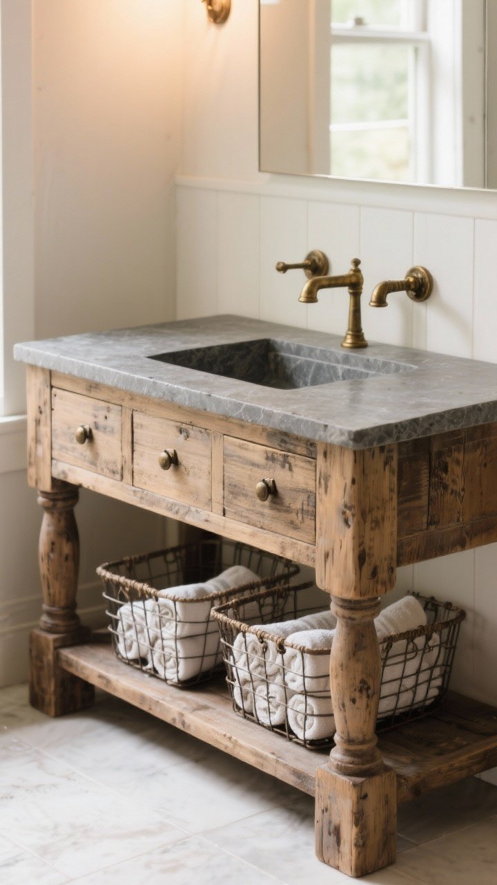Medium shot: A farmhouse-style vanity with chunky legs, a lower open shelf styled with wire baskets and rolled towels, distressed wood finish, topped with a matte soapstone slab; aged brass or iron pulls on drawers, subtle patina, warm ambient light, corner angle for depth.