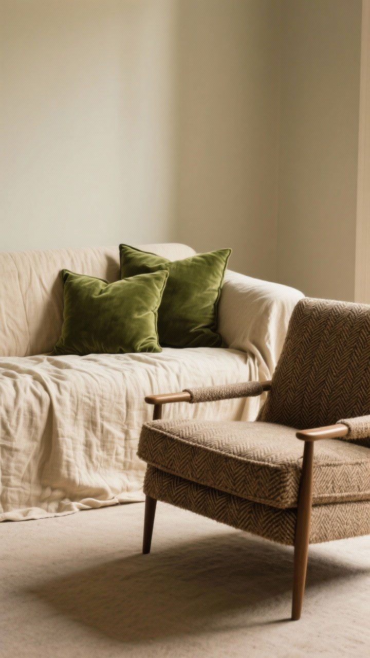 Medium shot: A linen slipcovered sofa in warm ecru with subtly wrinkled, lived-in texture, paired with moss green cotton-velvet throw pillows and a herringbone wool accent chair in tobacco tone; natural fibers only, soft afternoon light highlighting the patina and weave, restrained palette within one color family, no shine, cozy and clubby feel.