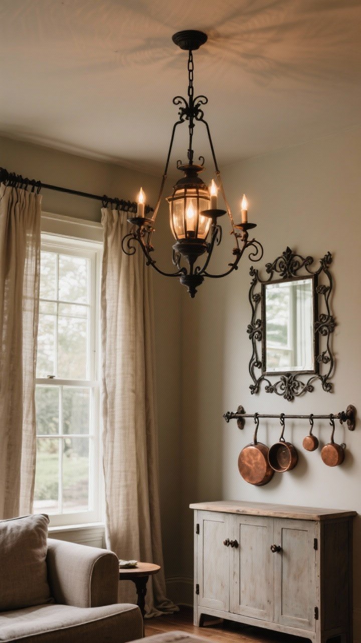 Medium shot: A living room corner where wrought iron is the jewelry—lantern-style iron chandelier overhead, iron curtain rods framing a window with light linen panels, and a wrought-iron framed mirror above a console. Hand-forged cabinet pulls and a simple iron pot rack with copper and clay cookware in view. Warm, moody illumination from the chandelier.