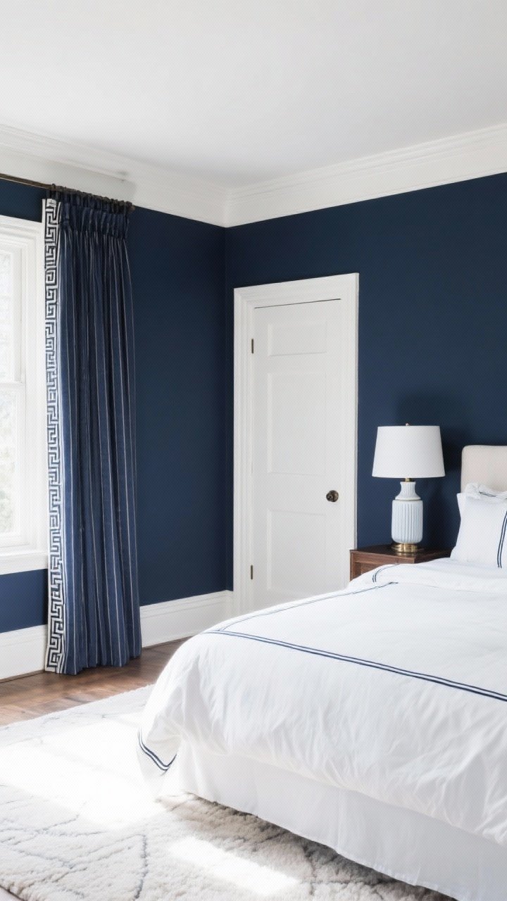 Medium shot: A navy-walled bedroom balanced with crisp whites—white bedding with navy piping, bright white trim and door framing the navy walls, white drum lamp shades on matching bedside lamps, and a light, bright area rug under the bed to bounce light. Include curtains with a navy pinstripe or Greek key trim for a classic, precise finish. Clean, airy morning lighting.