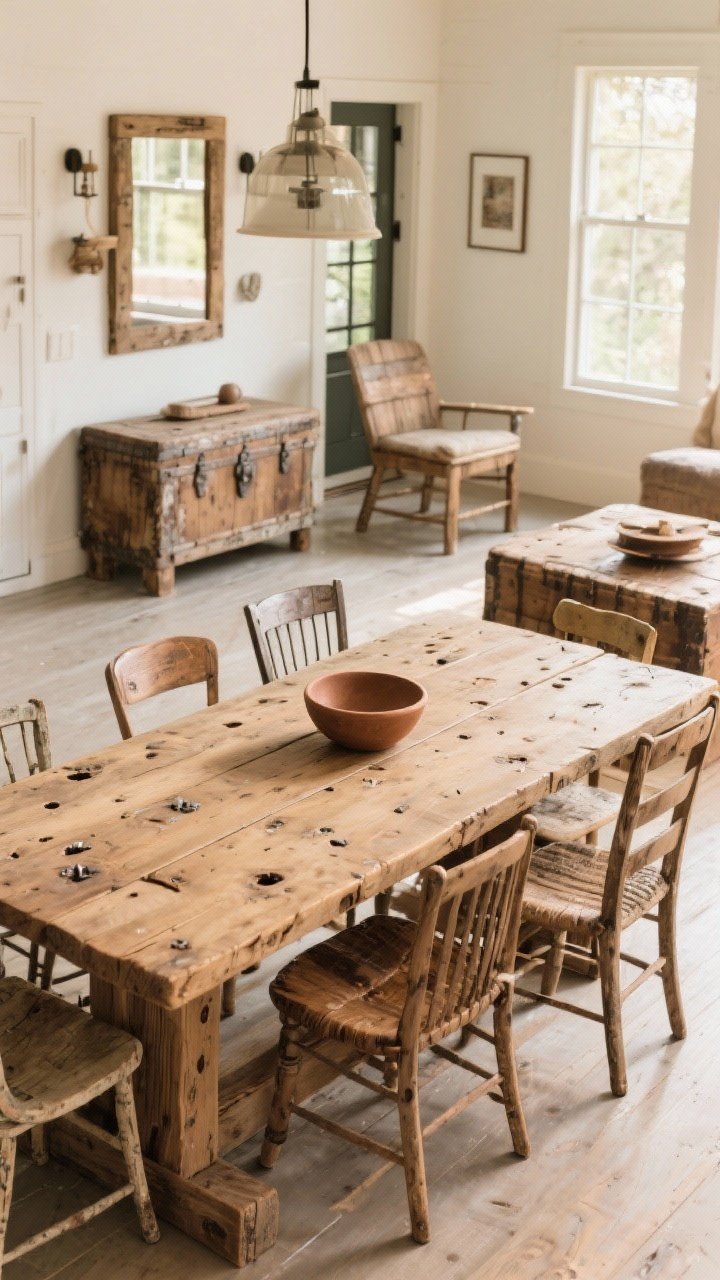 Medium shot: A rustic dining area anchored by a thick reclaimed pine farmhouse table with visible knots, nail holes, and age marks; mismatched vintage chairs in raw wood; a distressed wood trunk acting as a coffee table nearby; a raw wood console in the entry with a clay bowl. Warm, natural daylight to emphasize wood grain and imperfections.