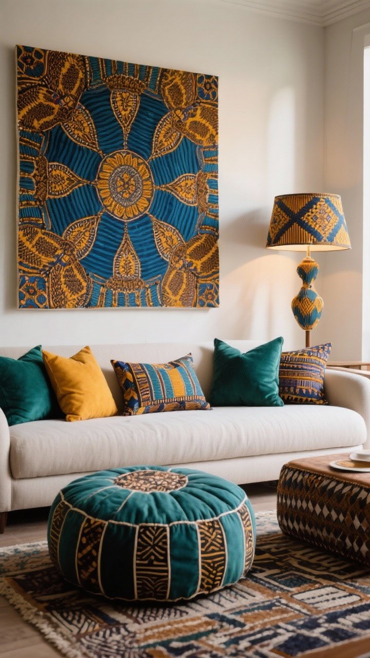 Medium shot: A sofa scene mixing prints with intention—large-scale Ankara print on a giant floor cushion, small-scale mudcloth motifs on throw pillows, a kente-inspired lampshade; cohesive color story repeating two to three dominant hues (indigo, saffron, emerald) across pillows and an ottoman; straight-on view with balanced pattern scales and clean negative space, natural indoor lighting, photorealistic.