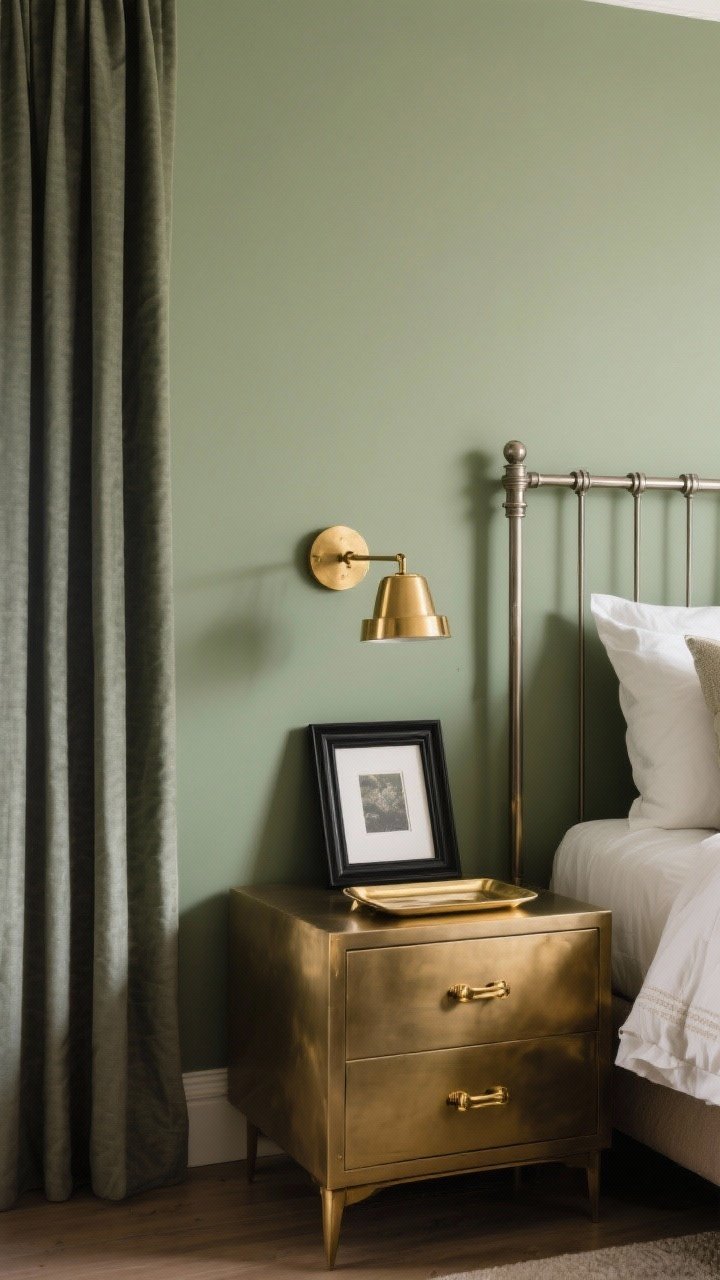 Medium shot: A vignette that showcases mixed metals with sage. A brass-dominant bedside zone: brass sconce and brass drawer pulls on a nightstand; black metal picture frame and curtain rod for contrast; brushed nickel appearing subtly on a nearby dresser tray. Keep finishes consistent within each zone, with sage walls and linens grounding the scene. Soft, warm lighting enhances the layered, high-end feel.