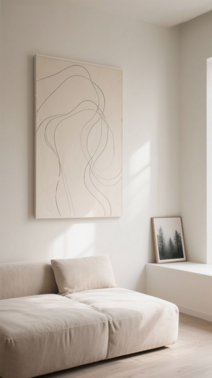 Medium shot: Art for visual silence—a single large abstract line art piece with soft curves in neutrals hangs over a low cushion setup; nearby wall space left intentionally empty; optional small framed nature photo (misty forest) leaning on a ledge; soft, indirect daylight, serene and whisper-quiet mood, no clutter.