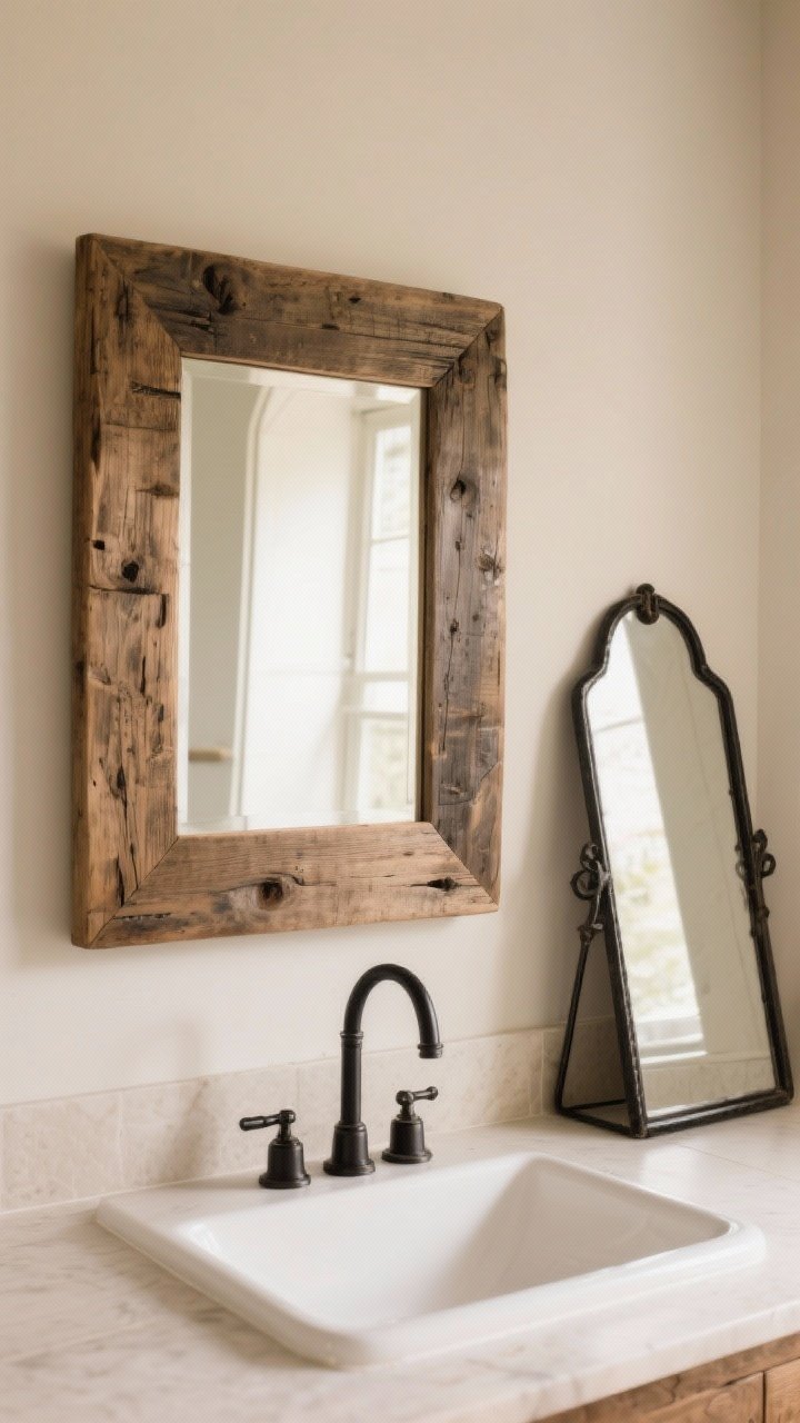 Medium shot: Bathroom vanity wall featuring a mirror with character—a thick reclaimed-wood framed mirror centered above the sink, with an alternate vintage-inspired black metal arch mirror leaning nearby; clean backdrop, warm neutral palette, side angle to show frame depth and texture.