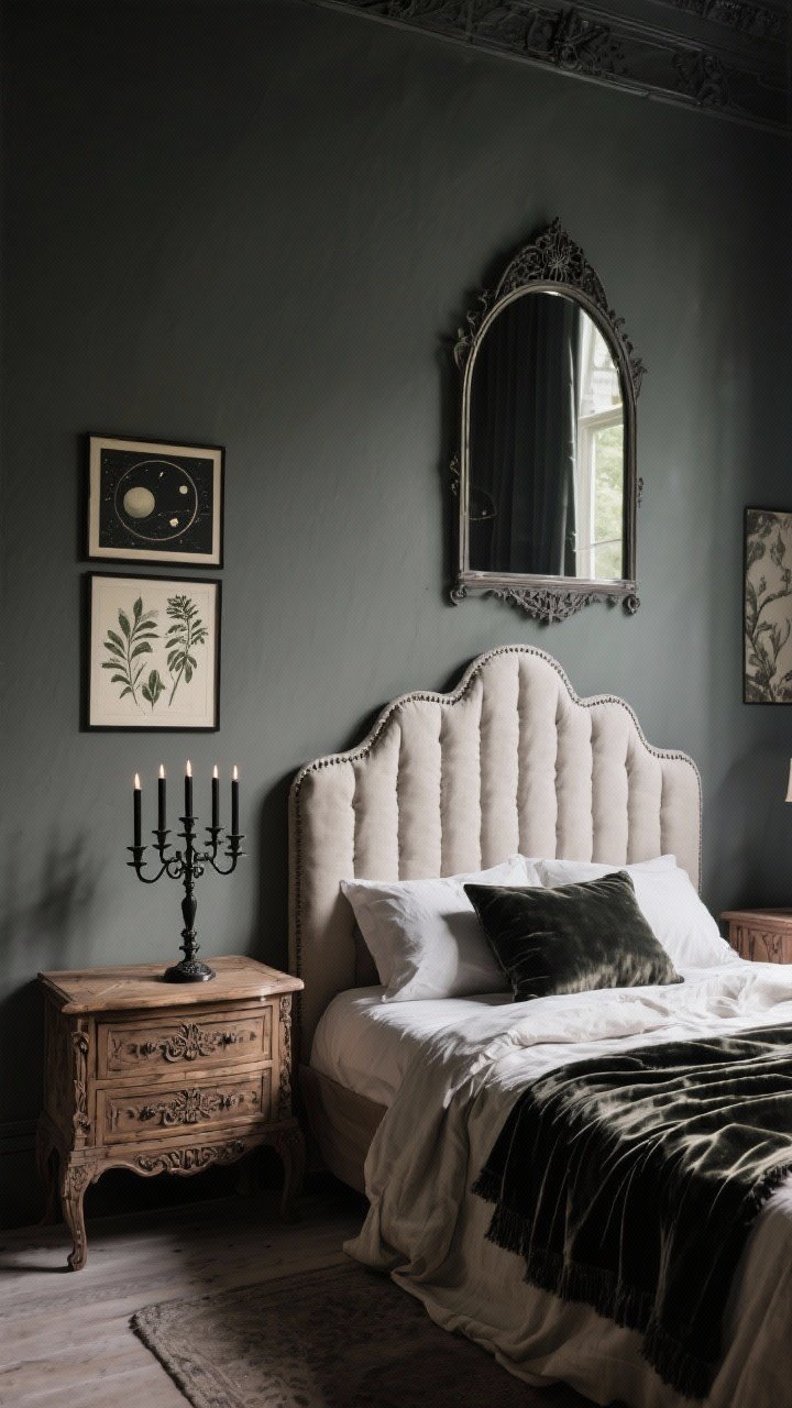 Medium shot blending soft gothic elements: an arched mirror above a dresser, carved wood nightstands, and a scalloped upholstered headboard. A candelabra-style lamp with black taper candles sits beside botanical and celestial prints in moody tones. Soft textiles (velvet throw, linen bedding) keep the scene romantic, not medieval; lighting is low and atmospheric.