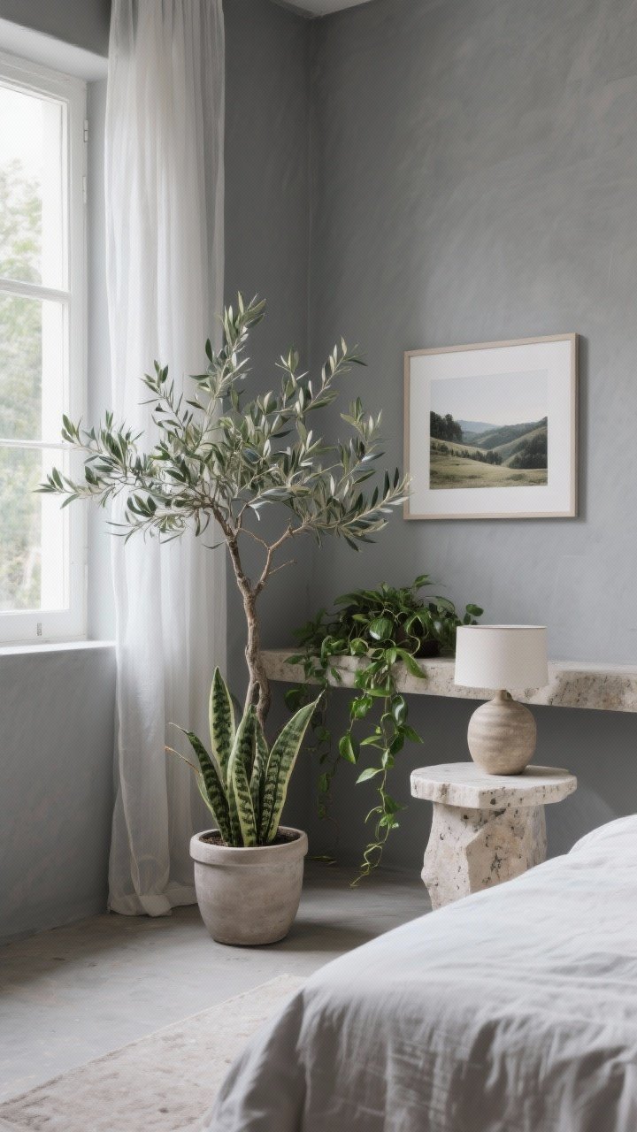 Medium shot bringing in nature to a gray bedroom corner: a snake plant in a simple pot on the floor, an airy olive tree in a planter by the window, and a trailing pothos on a shelf; stone elements include a small travertine or marble side table and a ceramic stoneware lamp; gray wall backdrop with a landscape print in a simple frame; gentle natural light filtering through sheer curtains; angled perspective capturing plants and stone textures.