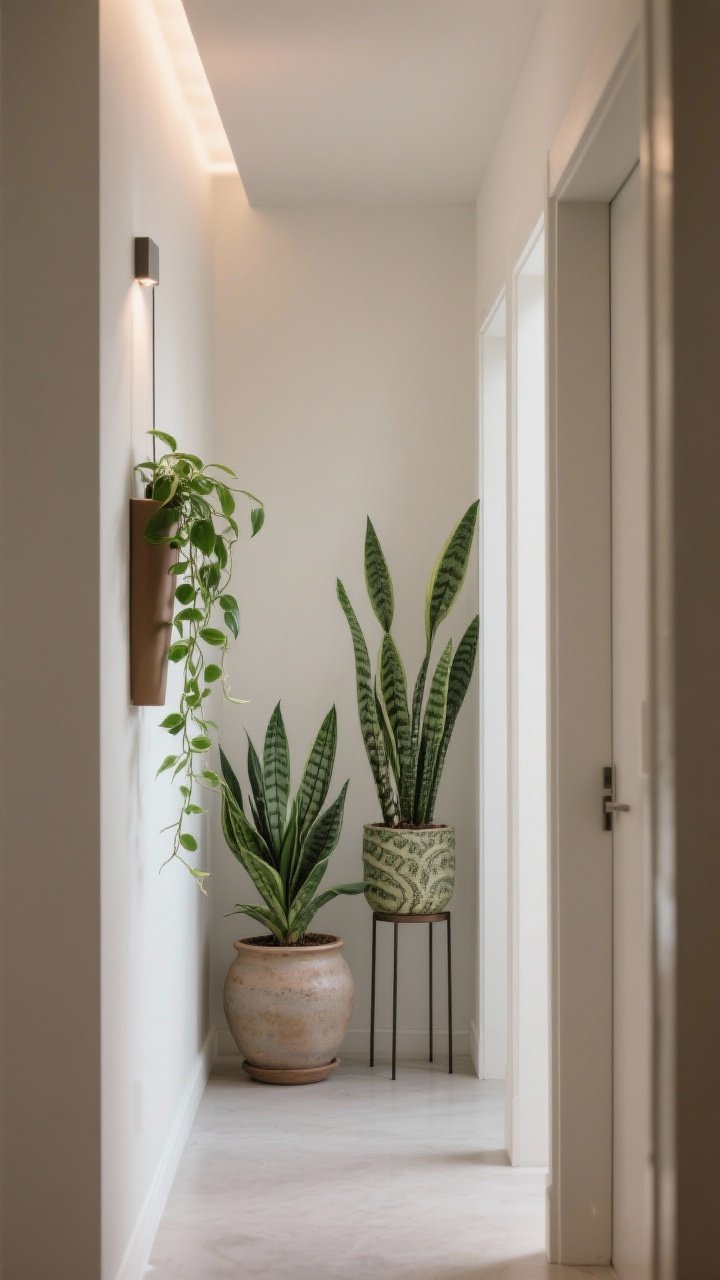 Medium shot bringing life with plants: a narrow hallway styled with low-light plants—ZZ plant in a ceramic pot, trailing pothos in a slim wall-mounted planter, and a snake plant on a slender stand; groupings of 2–3 with varied heights for dimension; clean lines and minimal clutter; soft indirect lighting; slight corner angle for depth.