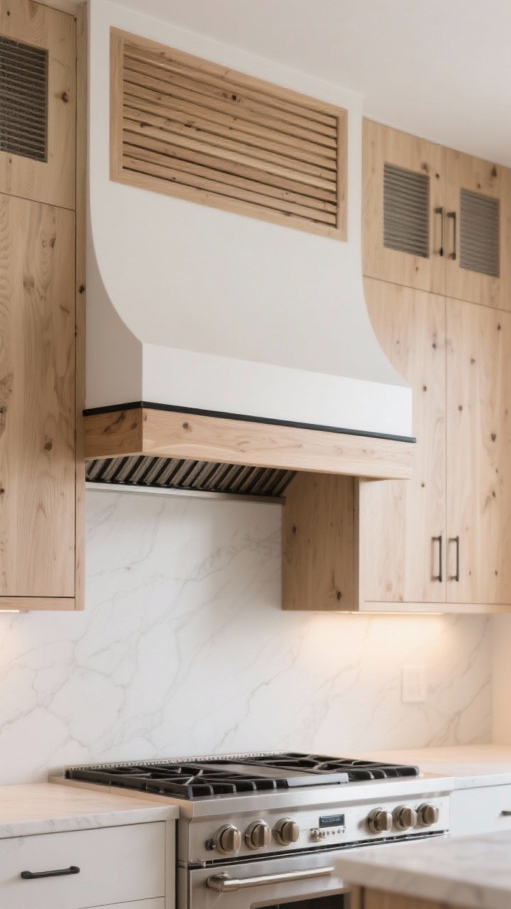 Medium shot centered on a custom white oak range hood: smooth face with optional slatted detailing, slim blackened steel band wrapped around for artisan touch, surrounding white oak cabinetry kept simple, realistic ventilation grilles discreetly visible, warm task lighting and gentle natural light
