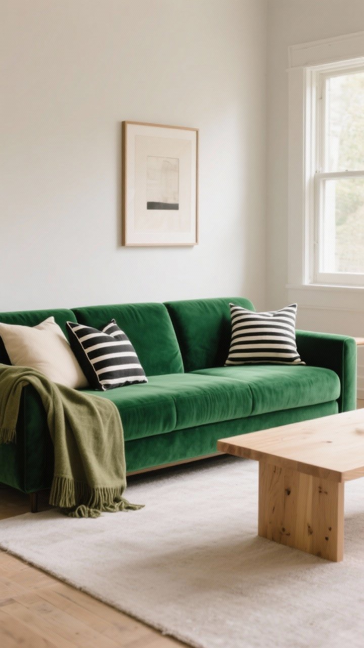 Medium shot centered on a green sofa as the statement piece: an emerald velvet sofa with soft natural window light grazing the pile, styled with neutral cream and black-and-white striped pillows. Include a linen olive throw draped casually, a light wood coffee table, and simple art on the wall. The backdrop walls remain neutral to emphasize the sofa’s color and texture.