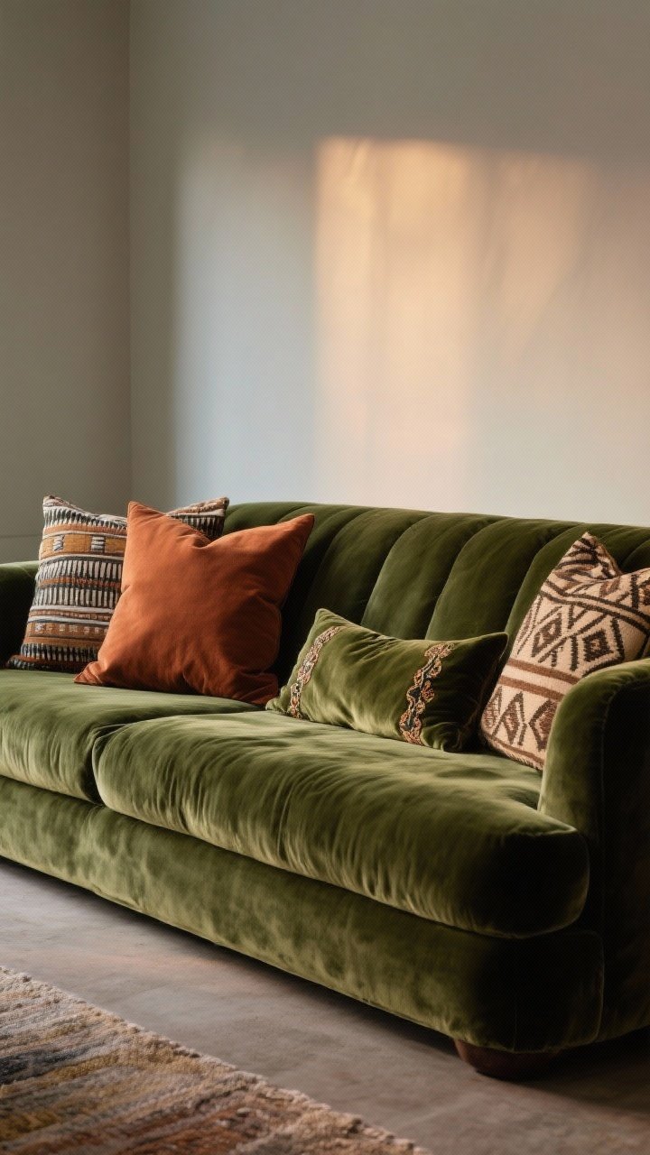 Medium shot centered on a low, luxurious sofa: deep-seated moss velvet sofa with plush, loungey proportions. Cushion combo includes two oversized solid pillows (rust and moss), two patterned pillows (mudcloth and block print), and one silk-velvet lumbar with subtle embroidery. The setup feels relaxed and lived-in, with soft evening light catching the velvet sheen.