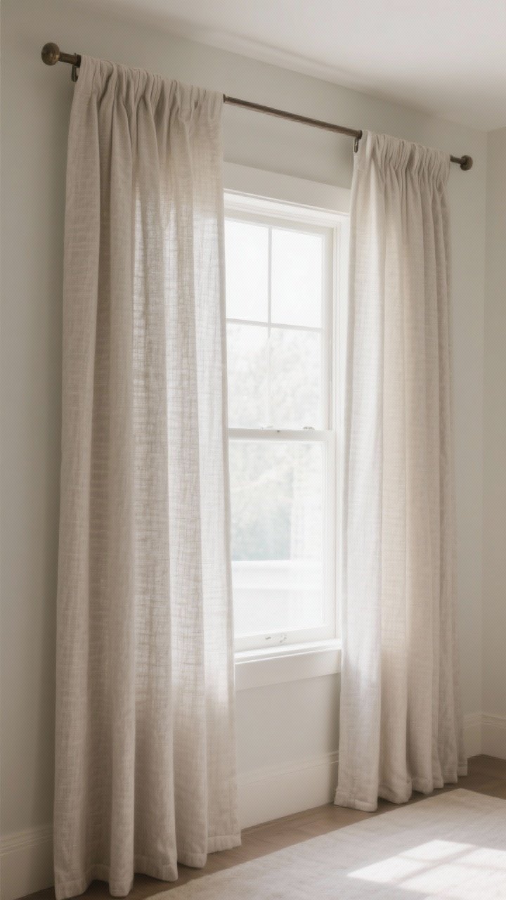 Medium shot: Curtains hung 8–10 inches above the window with rods extending beyond the frame, in light textured linen-blend fabric matching the wall tone for a continuous, calming look; optional blackout lining for glare control; the taller placement visually lifts the room; soft daylight filtering through.