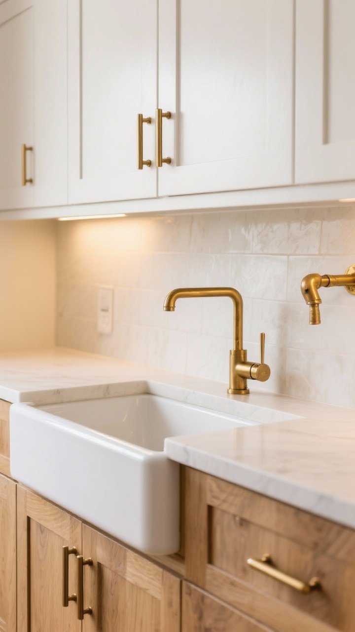 Medium shot emphasizing hardware and fixtures: white oak cabinets with satin/aged brass simple bar pulls, a matching brass bridge faucet at a white undermount sink, optional brass pot filler on a light backsplash, warm ambient lighting that keeps the brass soft and cozy, no polished glare