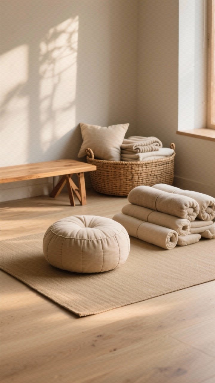 Medium shot: Floor-level seating setup featuring a classic zafu (firm round cushion) on a matching zabuton mat, with a foldable wooden meditation bench off to the side and a stack of bolsters and floor pillows for adjustable height; include a woven basket nearby holding extra pillows and a folded blanket; warm, cozy afternoon light, clean and supportive posture-focused arrangement.