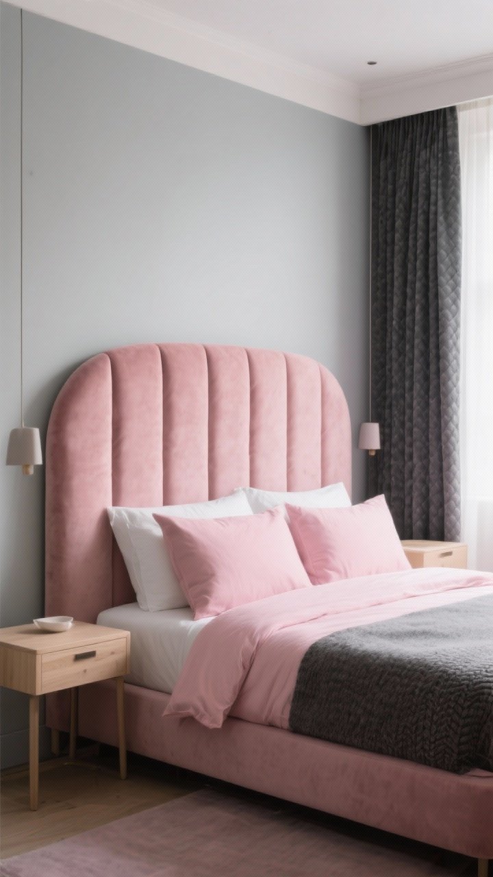 Medium shot focused on a statement headboard: a channel-tufted blush velvet headboard against soft grey walls, styled with understated pink bedding; simple coordinated side tables in light wood with minimal decor; alternate variant in scene includes a textured charcoal upholstered headboard with pink bedding; soft, diffused morning light, boutique hotel vibe