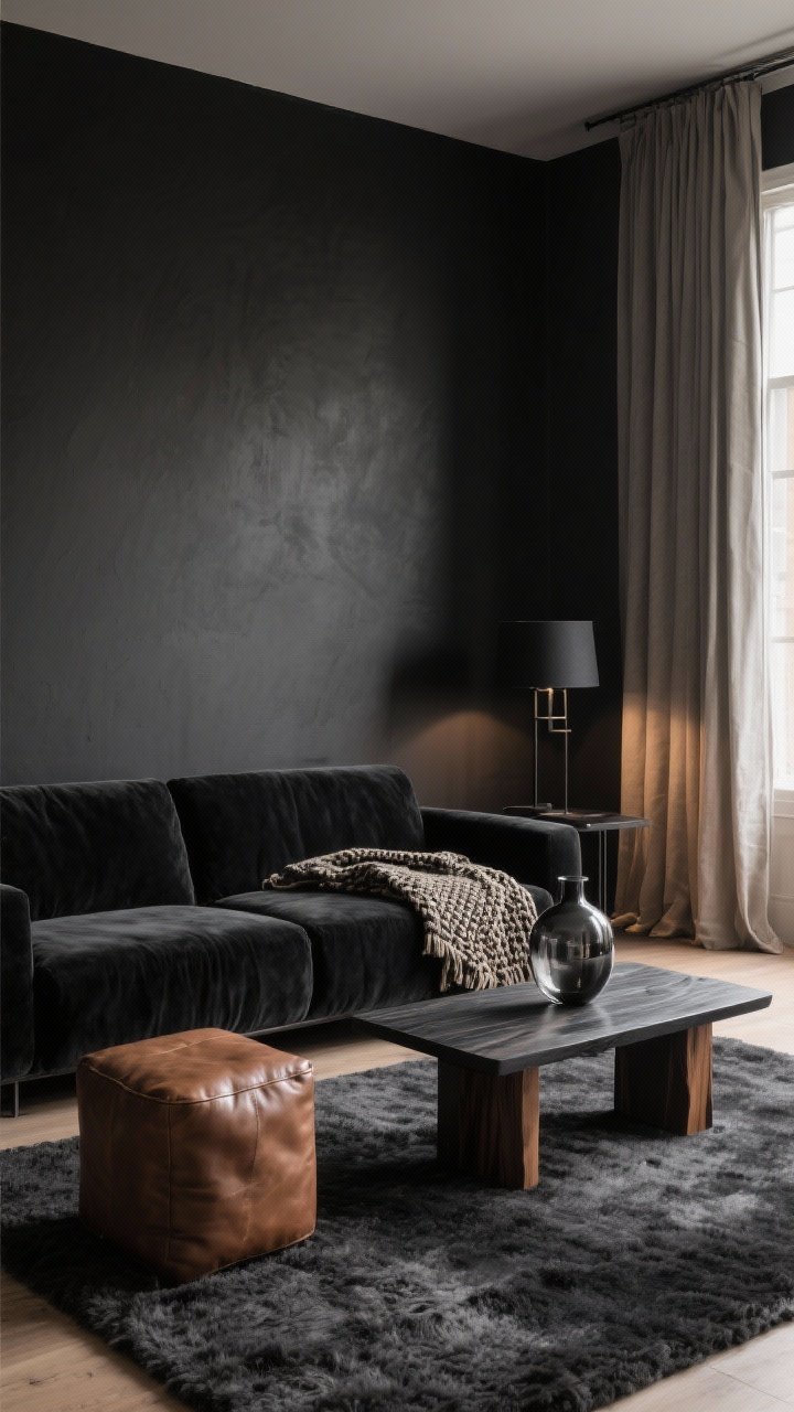 Medium shot focused on layered textures in a black living room: a deep black velvet sofa with a woven throw draped casually, a leather ottoman in cocoa, black-stained oak coffee table with visible wood grain, linen curtains filtering soft daylight, matte black metal side lamps, high-pile rug underfoot, smooth plaster black walls and a smoked glass vase on the table; lighting is warm and diffused to highlight tactile contrasts; no people.