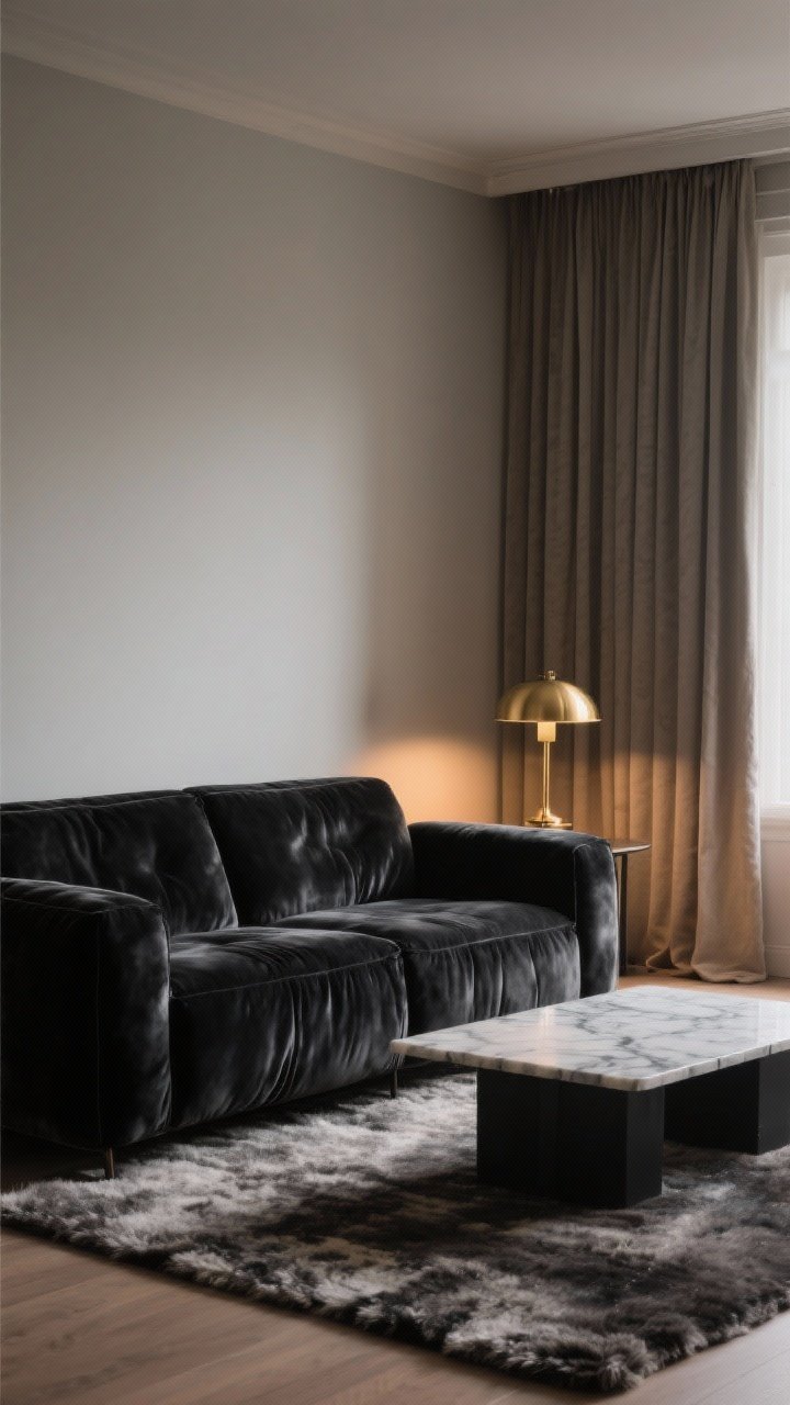 Medium shot focused on the sofa choice setting the tone: a black leather sofa paired with a thick wool rug and a brass table lamp; alt accents in the frame include a marble coffee table and linen curtains if the sofa is charcoal velvet; styling remains minimal to emphasize the sofa’s material and mood; warm evening lighting to enhance leather sheen or velvet pile; no people.