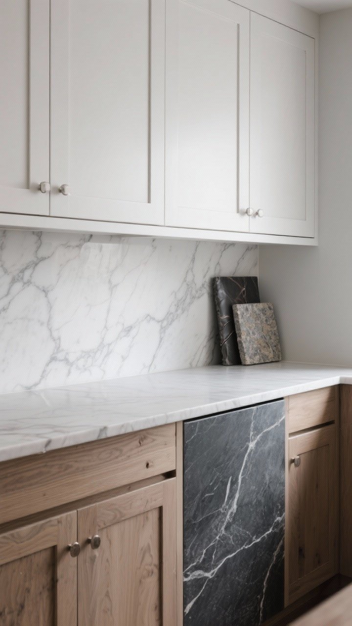 Medium shot focusing on countertops: white oak cabinets paired with honed Calacatta quartz with gentle gray veining, alternative inset of charcoal soapstone section for contrast, matte finishes, low-reflection lighting, quiet, timeless atmosphere with subtle texture of leathered granite sample on the side