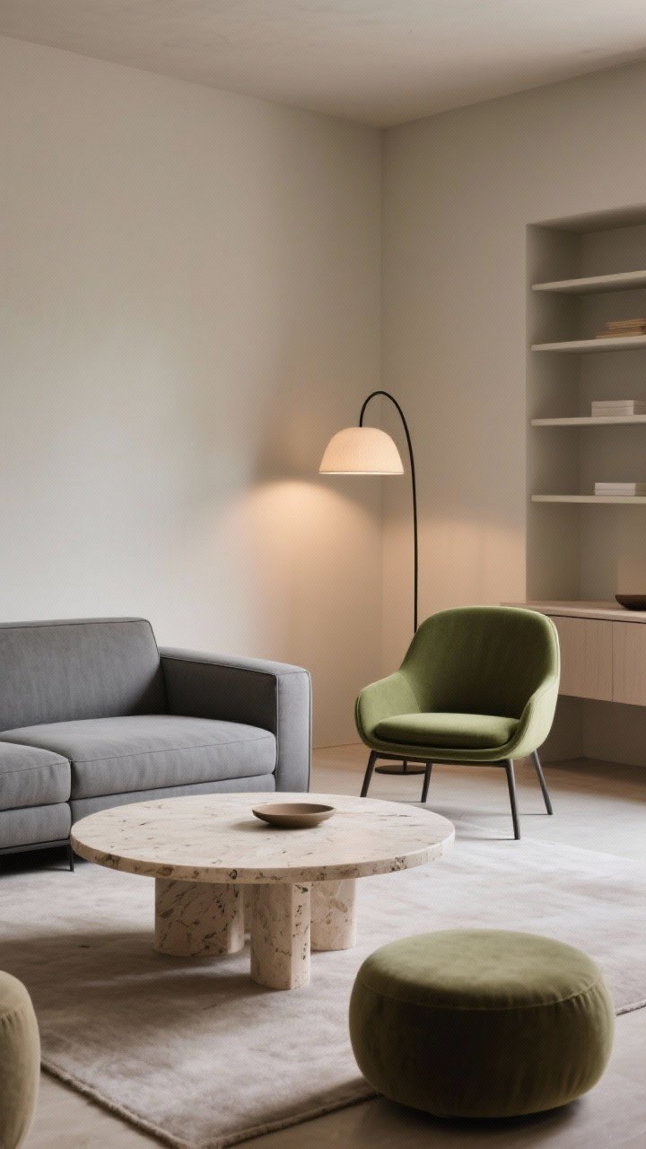 Medium shot focusing on form balance: A structured gray sofa with sharp, clean lines paired with a round travertine coffee table and a curved, olive-green accent chair. An arched floor lamp with a gentle curve stands behind the chair. The room is mostly rectilinear (shelves, credenza) with a few rounded ottomans to break up right angles. Even, warm lighting creates an inviting mood.