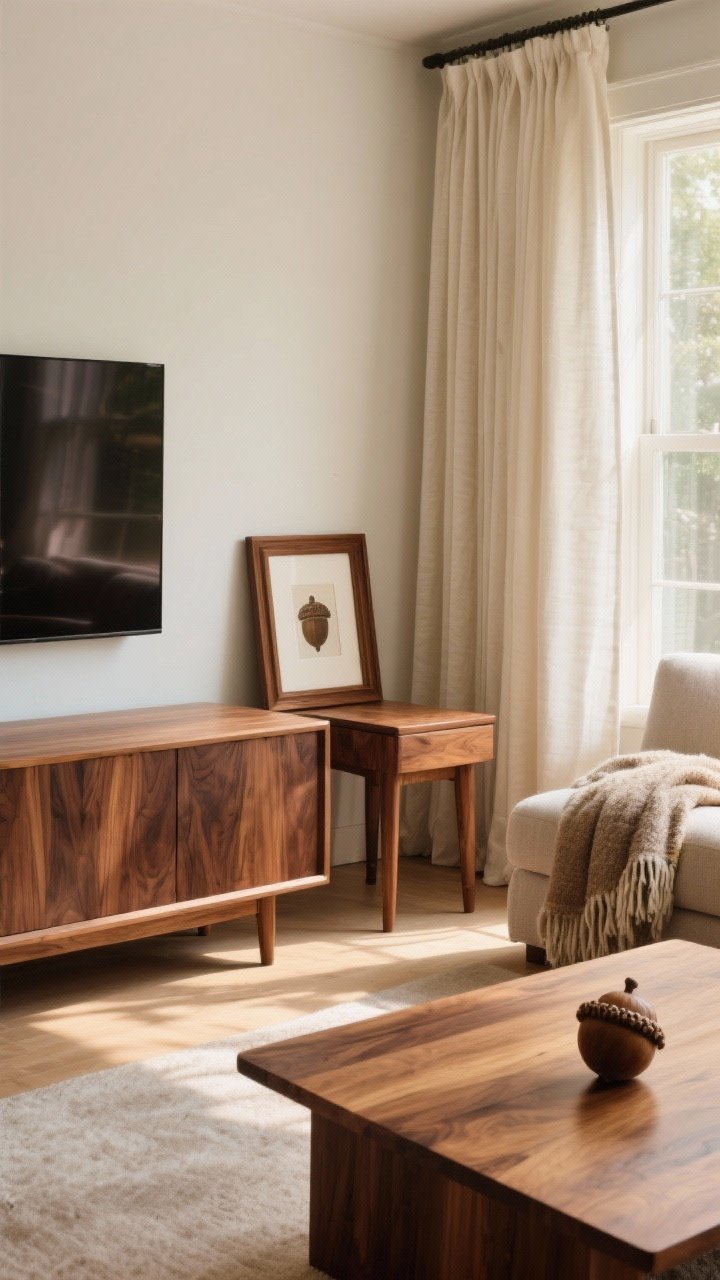 Medium shot from a corner angle: A media console in walnut as the dominant wood tone paired with a teak coffee table as the supporting tone. A matching walnut side table repeats the dominant tone, while an acorn-toned picture frame repeats the secondary wood. Soft textures—cream linen curtains and a wool throw—balance the wood. Warm afternoon light enhances the rich wood grains; no people.