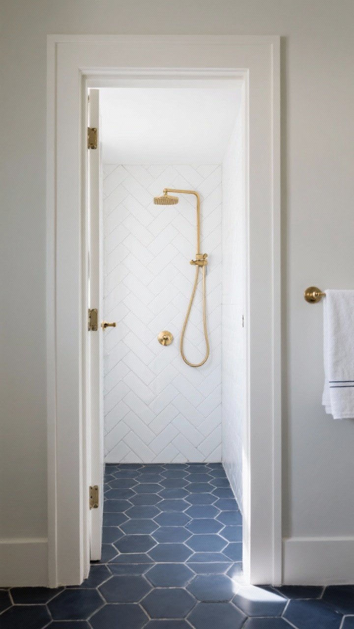 Medium shot from bathroom doorway: matte navy hex floor tiles with soft gray grout leading to shower walls clad in slim white tiles set in a herringbone pattern; brushed gold hardware (shower valve, handle, and towel hook) adding warmth; neutral walls, clean lines, and balanced contrast; soft morning light creating a crisp nautical vibe without harshness