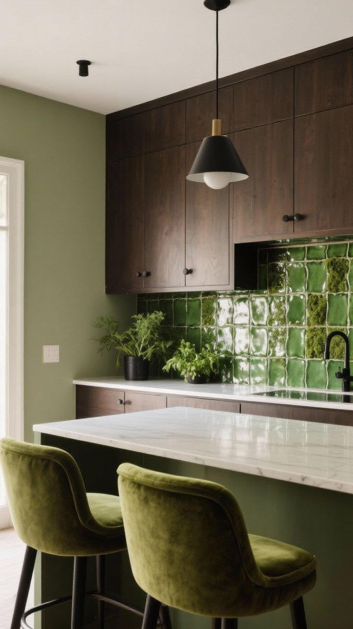 Medium shot highlighting earthy green accents against dark brown cabinets: walls painted muted sage, olive upholstered bar stools at a peninsula, and a glossy, mossy-green glazed ceramic backsplash tile adding artisan texture; include a couple of fresh herb plants, grounded with a few matte black accents, warm daylight