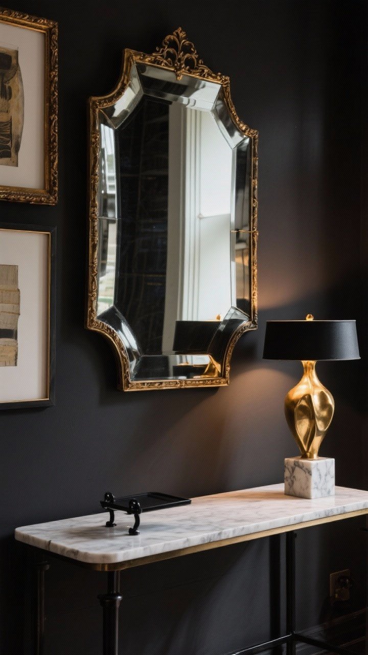 Medium shot highlighting metals and mirrors for glow: a smoked, beveled mirror above a console, antique brass metal-edge frames on art, and a marble-and-brass sculptural table lamp. Blackened steel hardware ties in subtly. The dark wall color deepens reflections while mixed finishes (brass + blackened steel) stay cohesive; lighting is warm and low.