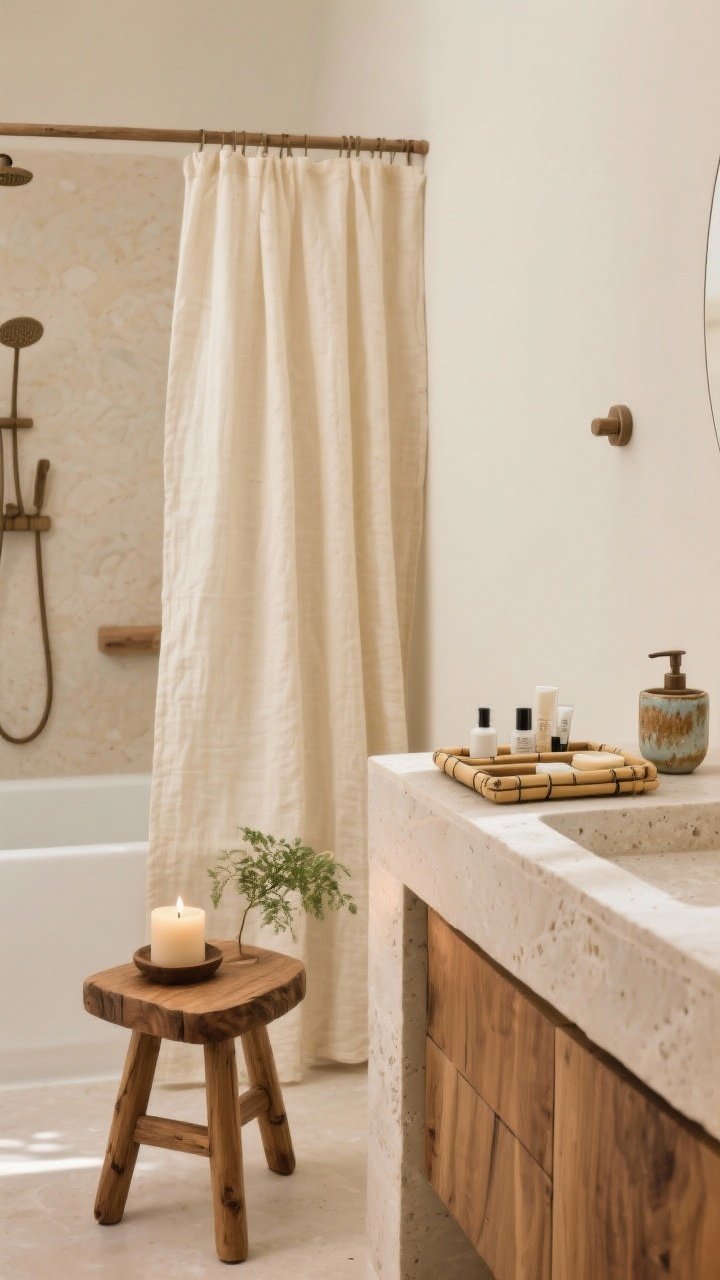 Medium shot highlighting natural materials: a linen shower curtain in soft cream draping elegantly, a teak bath stool holding a candle and a small plant, bamboo trays organizing toiletries on a light stone countertop, and stoneware soap dispenser and tumbler with artisanal glaze; warm, grounded palette, gentle daylight; note of sealed wood near the tub for a practical, lived-in feel.