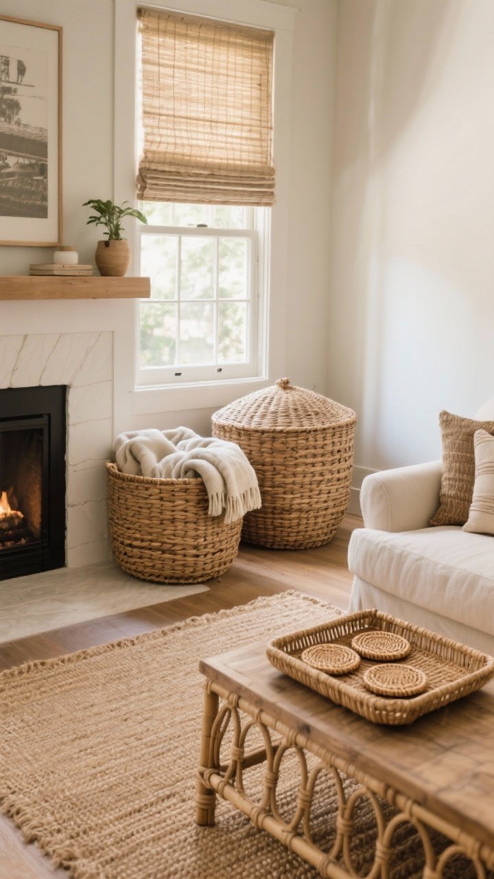 Medium shot highlighting woven accents: oversized lidded baskets storing blankets near a fireplace, a jute area rug underfoot, woven Roman shades filtering light at the windows, and a cane tray on a side table with rattan coasters; warm, organic textures in soft daylight, photorealistic.