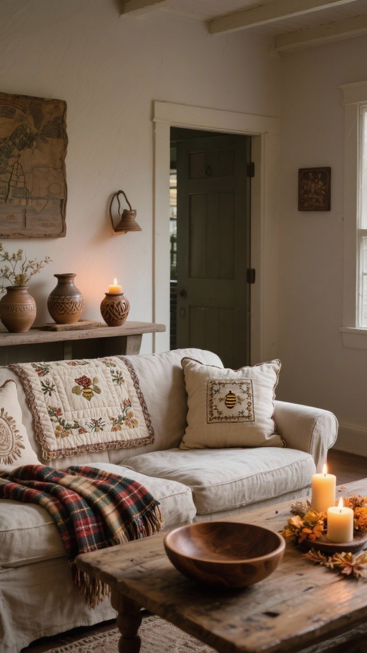 Medium shot infusing personality with cozy country accents: a linen sofa layered with an heirloom quilt and embroidered pillows, a tartan throw for seasonal warmth, handmade pottery on the console, a hand-carved wooden bowl on the table, and beeswax candles softly glowing; intimate, cozy evening light, photorealistic.