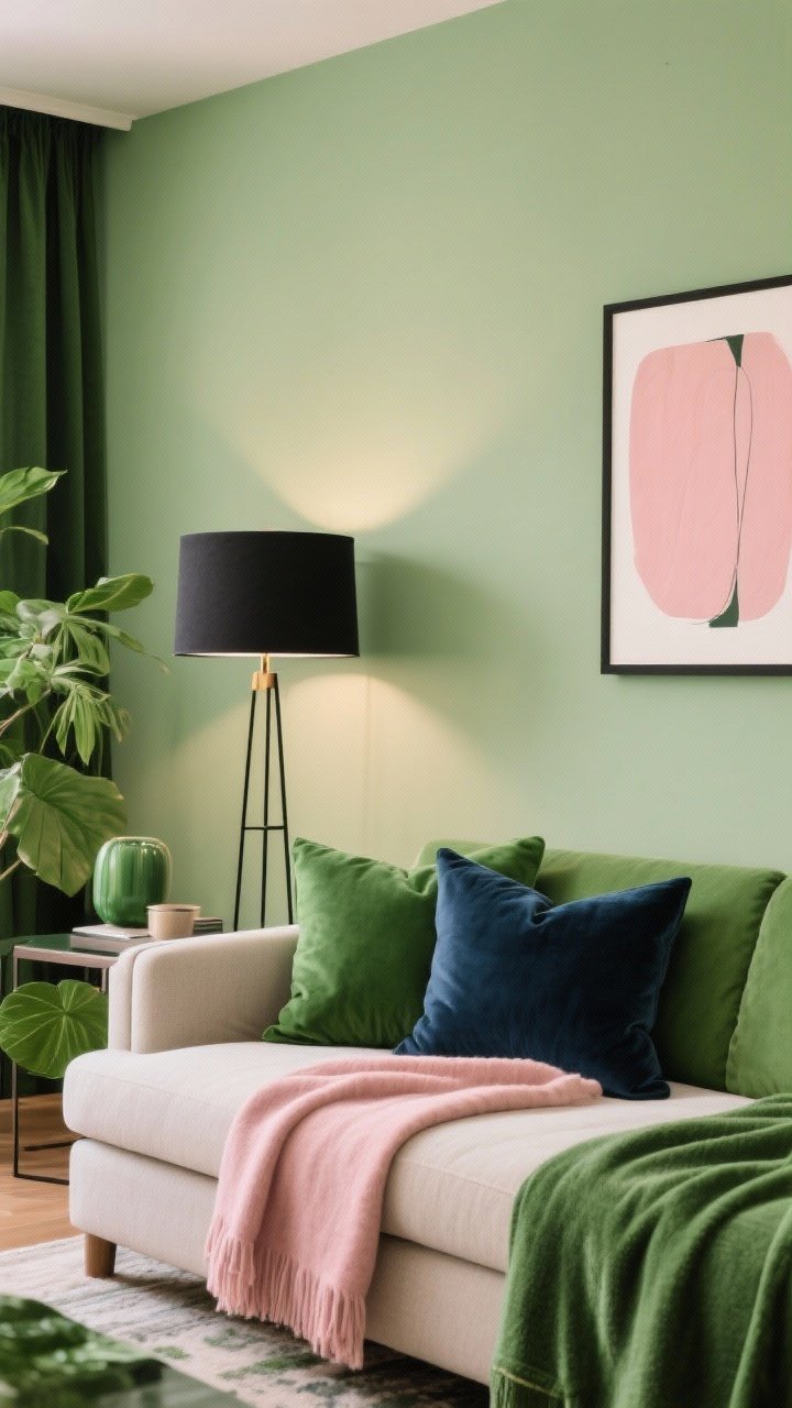 Medium shot introducing a wildcard color with green: a living room in layered greens accented by a blush throw and small blush abstract artwork, or alternatively a navy pillow pair on a neutral sofa with green elements around. Include crisp black accents in a lamp base and thin frames. Step-back composition showing how the accent color pops without overpowering. Warm, balanced lighting.