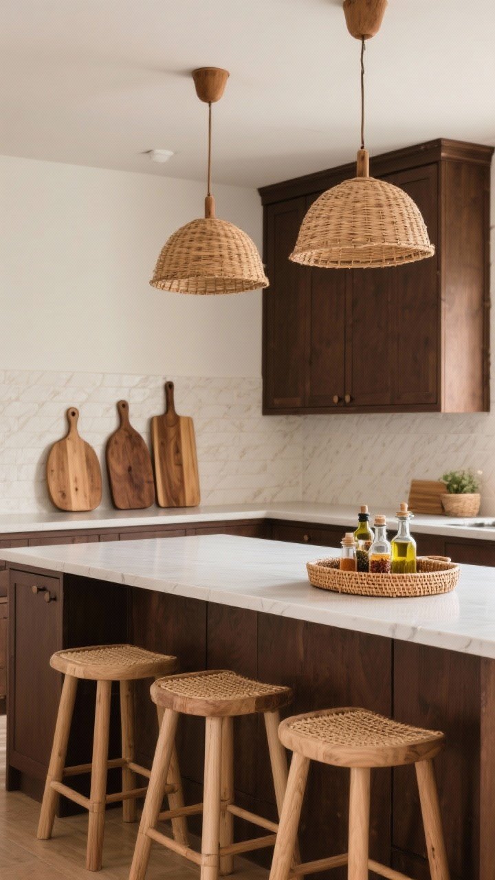 Medium shot layering natural textures with dark brown cabinets: light oak stools with cane seats at the island, woven rattan pendant lights overhead, a warm wooden cutting board trio leaning against the backsplash, and a rattan tray corralling oils and spices; tones kept cohesive and warm, soft natural light