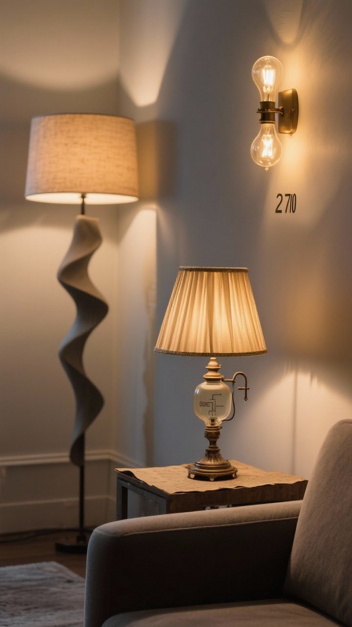 Medium shot, moody lighting: Collected lighting vignette. A vintage pharmacy lamp beside a modern sofa, a sculptural floor lamp in the background, and a warm-glow wall sconce. Include 2700K bulbs for cozy golden light. Show layered light at different heights and a pleated silk shade on a small vintage table lamp on a side table with a parchment-style shade nearby for texture.