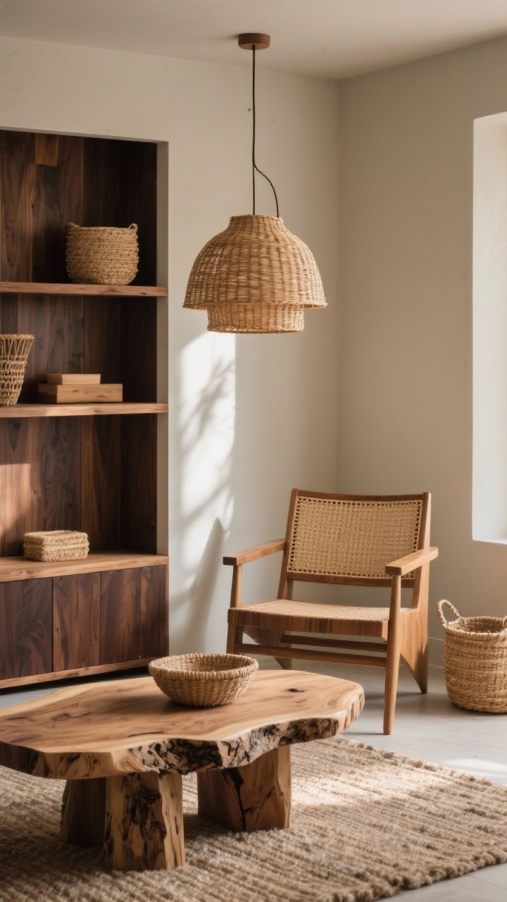 Medium shot: Natural-materials vignette—rattan pendant light above a cane-backed chair beside a live-edge solid wood coffee table; mix of dark woods (walnut) and lighter tones (oak) in shelving and accents; sisal and jute textures in a basket and rug; neutral walls with warm daylight creating gentle shadows, photorealistic.