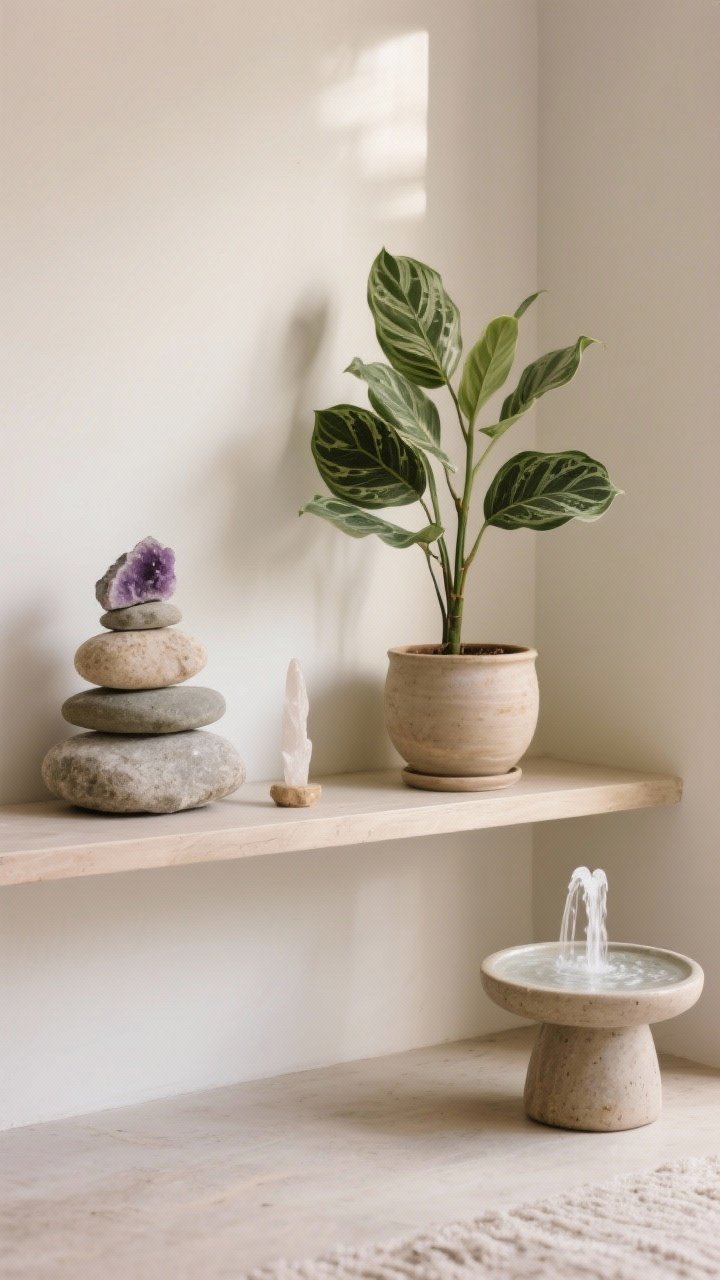 Medium shot: Nature-forward meditation shelf and floor vignette with a tall snake plant and ZZ plant in ceramic pots, a smooth stack of river stones beside a piece of amethyst and a selenite wand, plus a tiny tabletop water fountain providing subtle white noise; balanced composition with one or two larger pieces, soft neutral background, gentle indirect daylight.