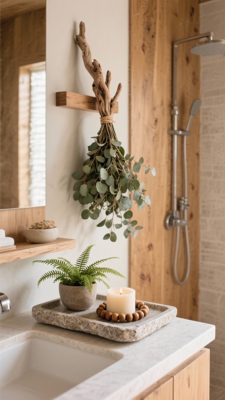 Medium shot: Nature-forward styling—stone tray on the vanity holding a candle, a small potted fern, and a wood bead garland; a bundle of eucalyptus hanging near the shower and a piece of driftwood on a shelf; warm wood tones, serene spa mood, corner perspective.