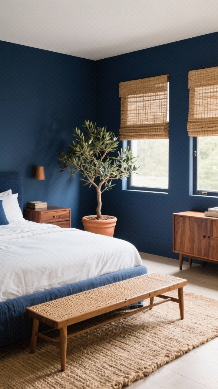 Medium shot: Navy room grounded with natural materials—woven Roman shades filtering light, a jute rug underfoot, a rattan bench at the foot of the bed, walnut nightstands and an oak dresser. Include a medium ficus or olive tree in a terra-cotta pot popping against the navy wall. Warm daylight highlighting the organic textures and wood grain.