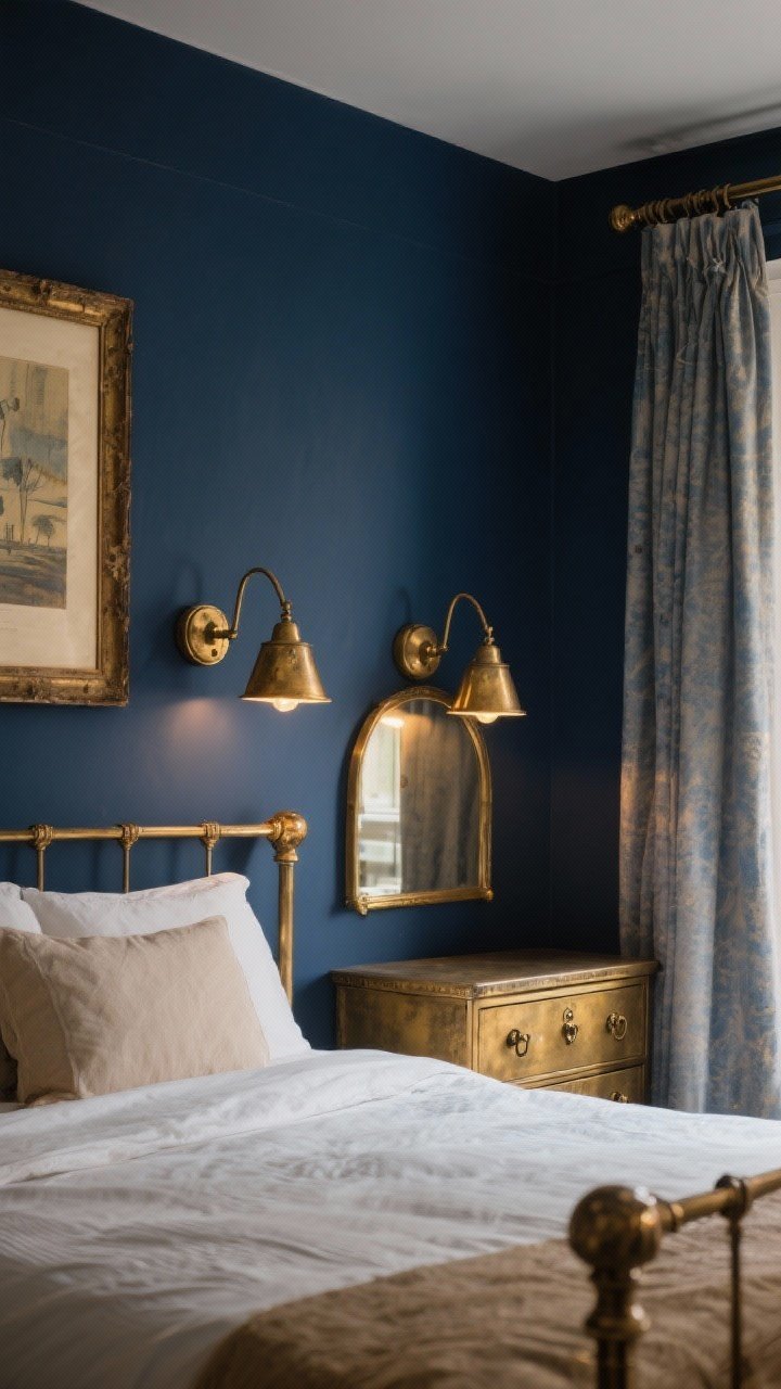 Medium shot: Navy wall with warm metal accents—pair of antique brass swing-arm sconces flanking the bed, an aged brass picture light over framed art, and a dresser with antique brass hardware. Add a brass-framed mirror and aged brass curtain rod. Keep any silver minimal in the background. Warm, cozy evening lighting that adds a subtle golden glow to the navy.
