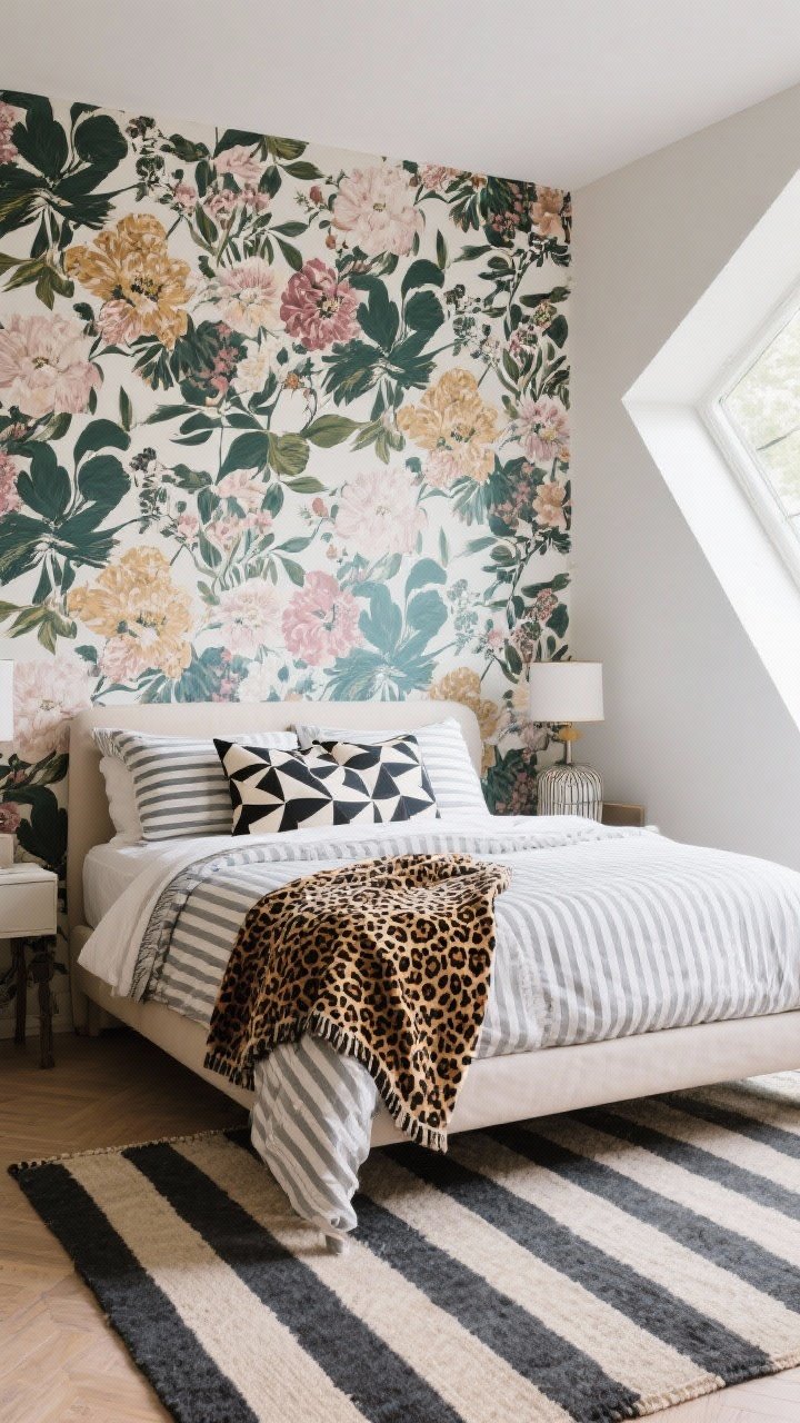 Medium shot of a bed styled like a fashion editor’s pattern mix: a large-scale floral wallpaper behind the bed, medium-width stripe bedding on the duvet, and small geometric accent pillows layered in front. Add a leopard-print throw at the foot of the bed (treating leopard as a neutral) and echo a stripe in a flatwoven rug on the floor. Keep the palette to 2–3 main colors for cohesion, and vary pattern scale clearly. Soft daylight from a side window; angled corner perspective.