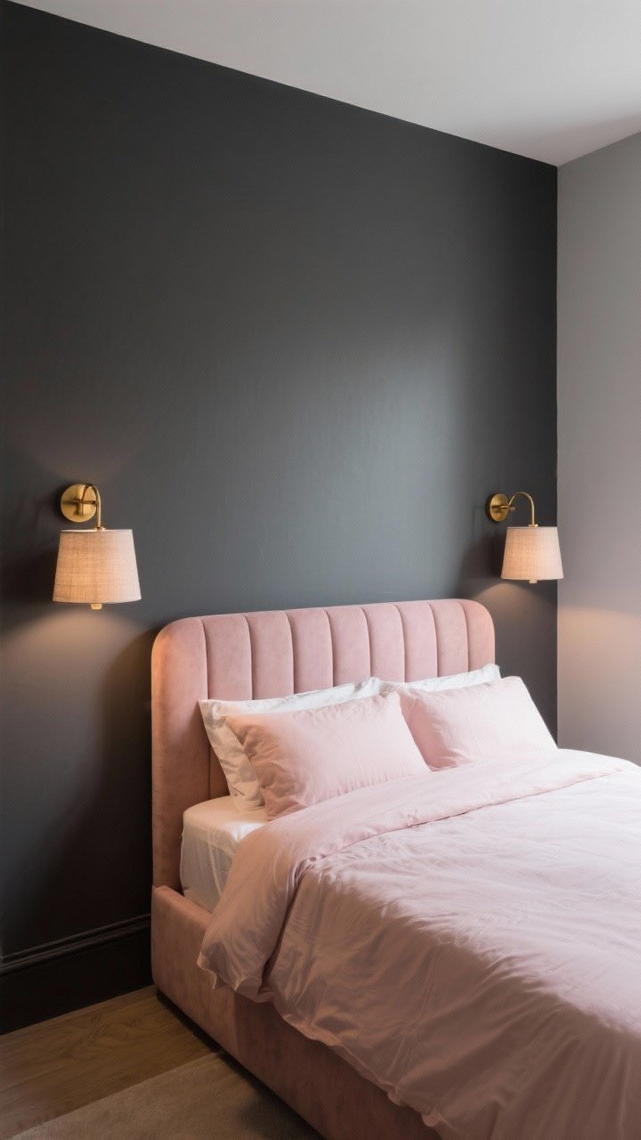 Medium shot of a bedroom with warm charcoal grey painted walls and a blush upholstered headboard, pale blush bedding, and brass wall sconces with linen shades casting cozy warm lighting (2700K); the headboard wall is charcoal while adjacent walls are light grey to suit a smaller room; soft shadows, relaxed but dramatic mood, photorealistic