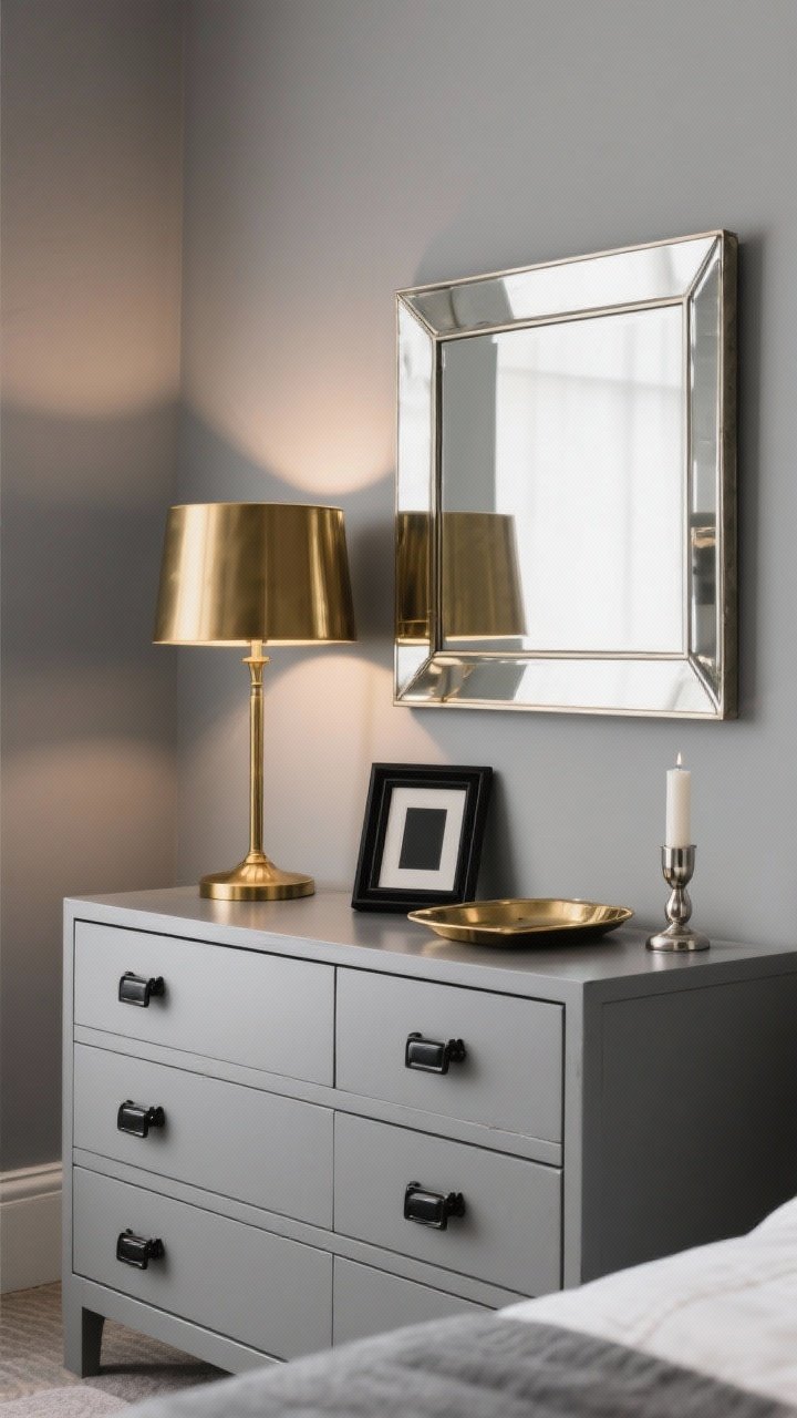 Medium shot of a dresser vignette mixing metals in a gray bedroom: dominant brushed brass bedside lamp, matte black drawer pulls on a gray-toned dresser, and a polished nickel mirror frame above; repeat each finish at least twice (e.g., brass lamp and tray, black pulls and small black frame, nickel mirror and nickel candleholder); neutral gray wall backdrop; soft warm lighting to create quiet glam; straight-on composition.