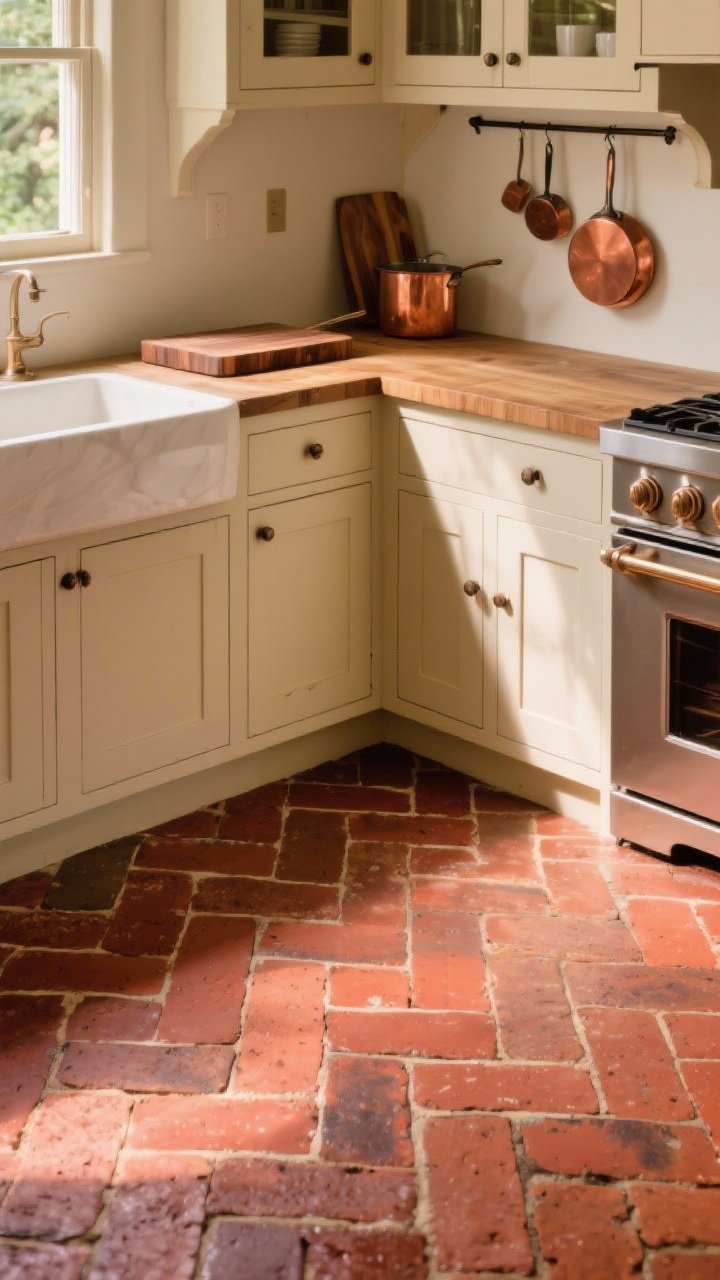 Medium shot of a European farmhouse-inspired kitchen with thin brick paver flooring in warm red and russet color variation, sealed for stain resistance; laid in a herringbone pattern for character; paired with creamy cabinetry, butcher block countertops, and a hint of copper cookware; side-corner perspective to catch texture and depth; late-afternoon light enhancing the brick’s warmth and aged charm.